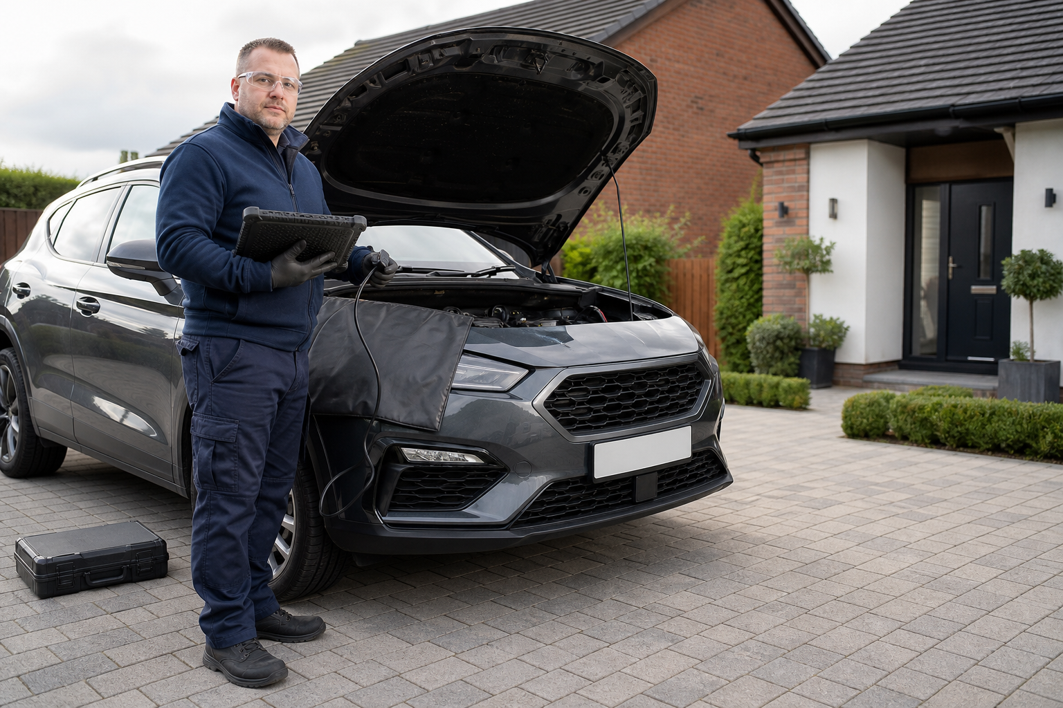 Mechanic using a diagnostic tool on a car with its hood open in a driveway.