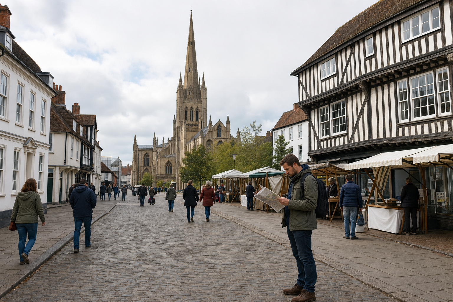 A man reads a map on a cobbled street with a historic church and market stalls in the background.