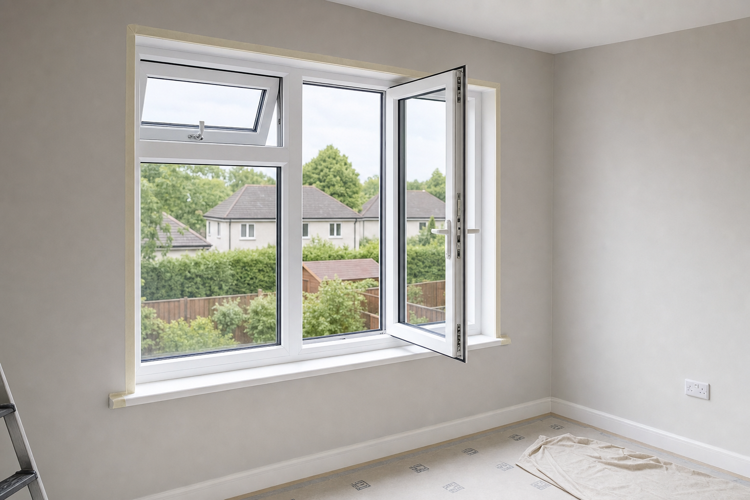 Open casement window in a freshly painted room overlooking a suburban neighbourhood.