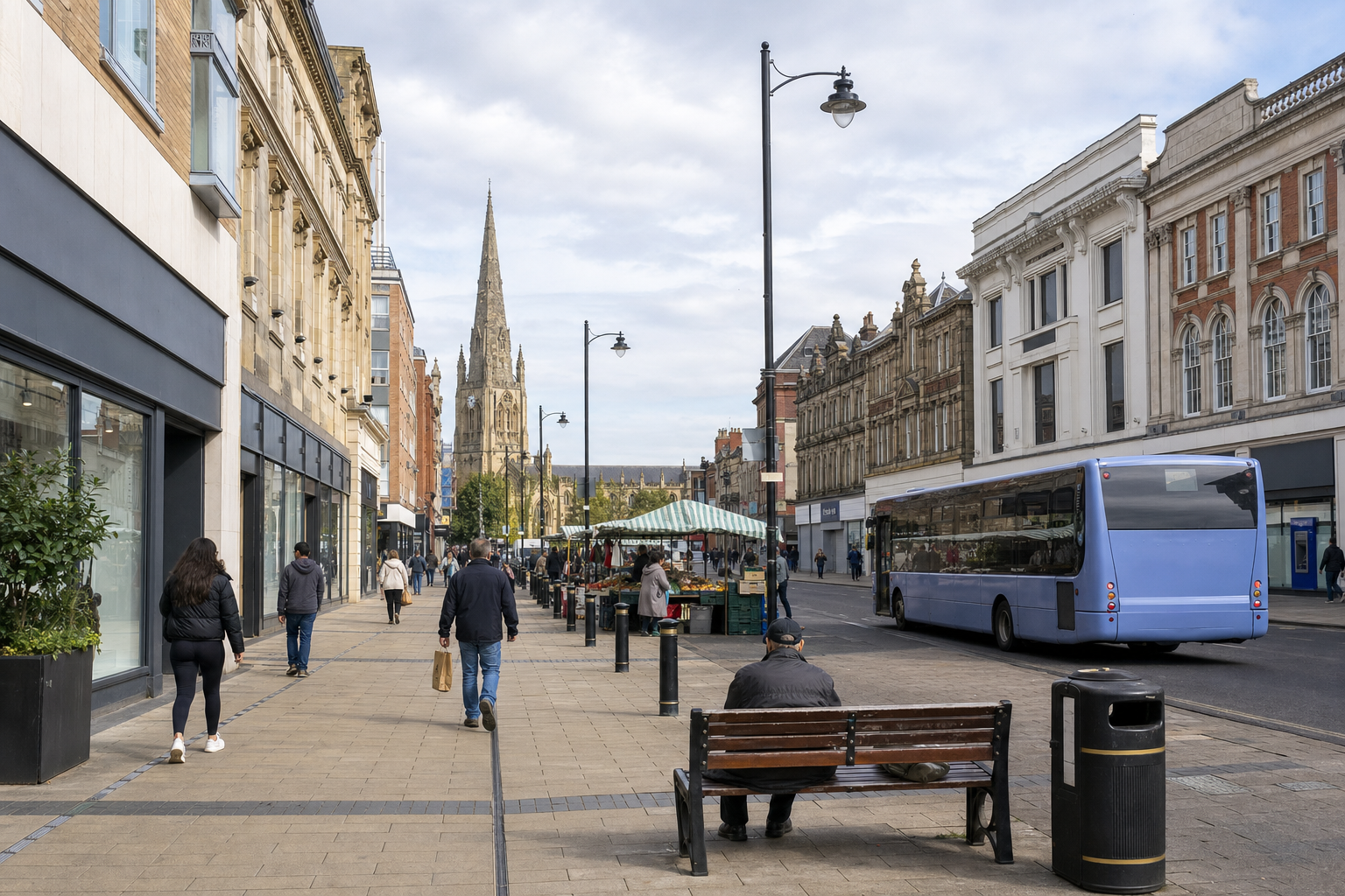 A bustling city street features a market with a church spire visible in the distance.