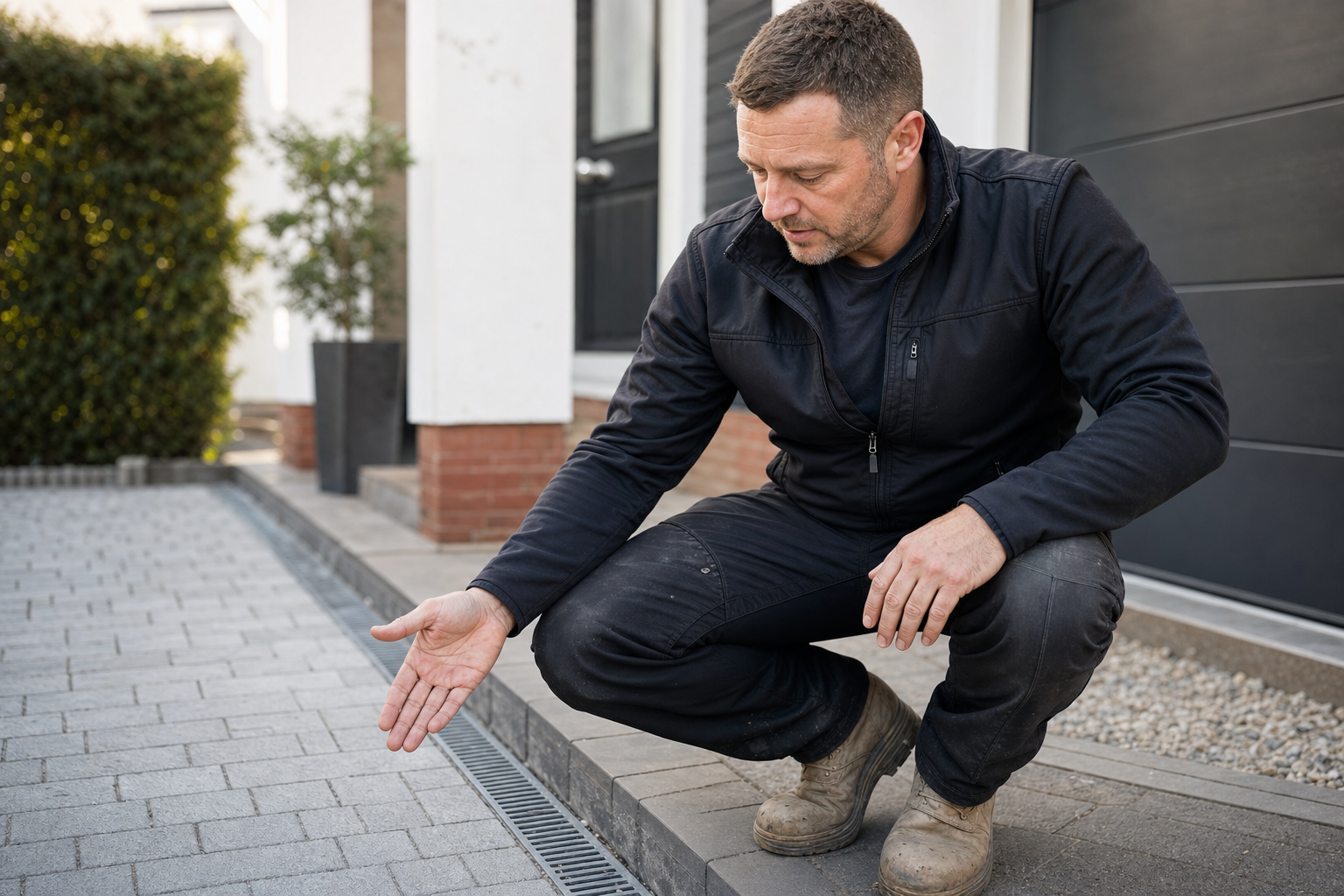 A man in work attire kneels on a paved driveway, gesturing towards a drainage grate.