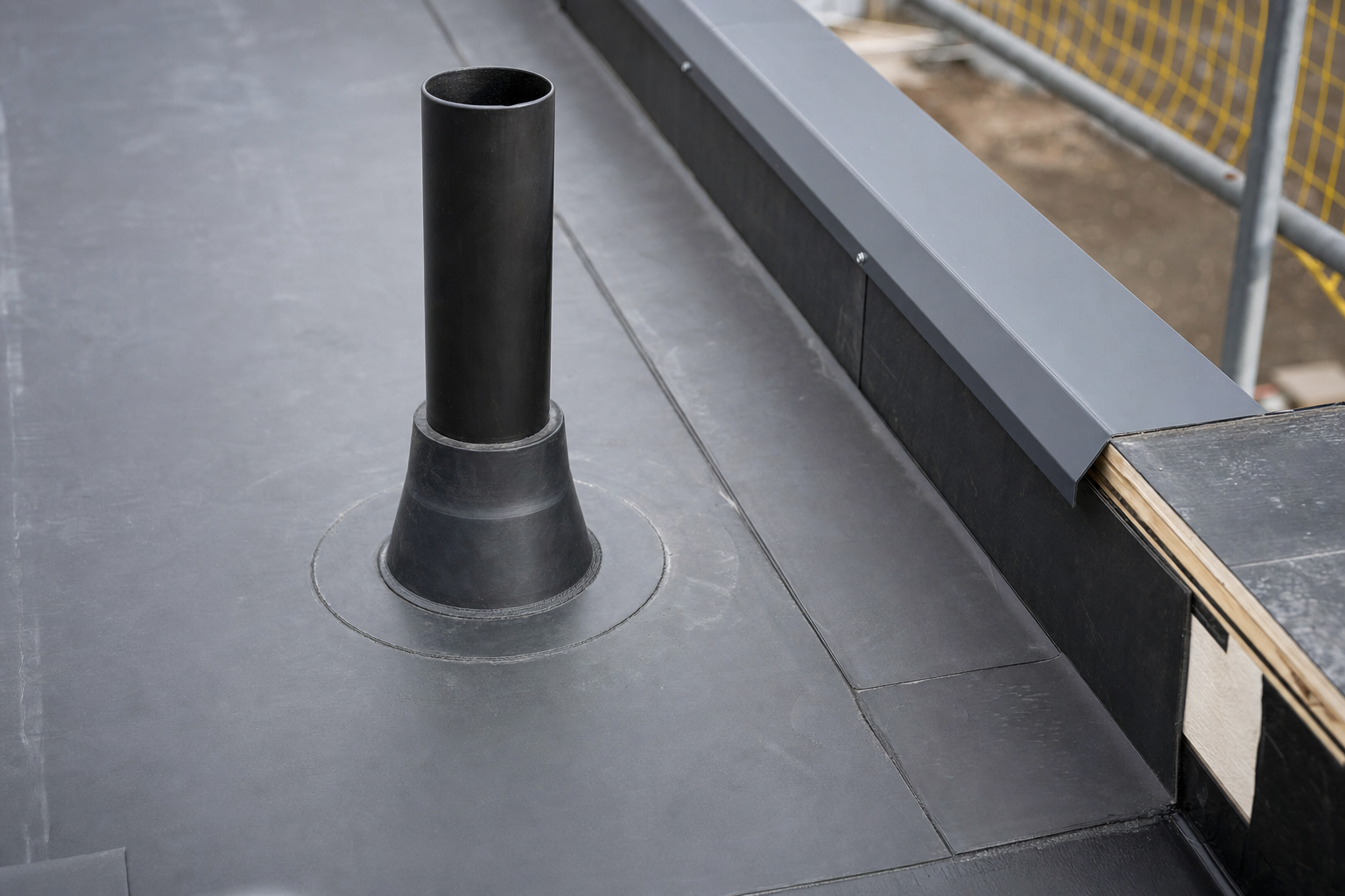 Flat roof with a black ventilation pipe and surrounding protective edging.