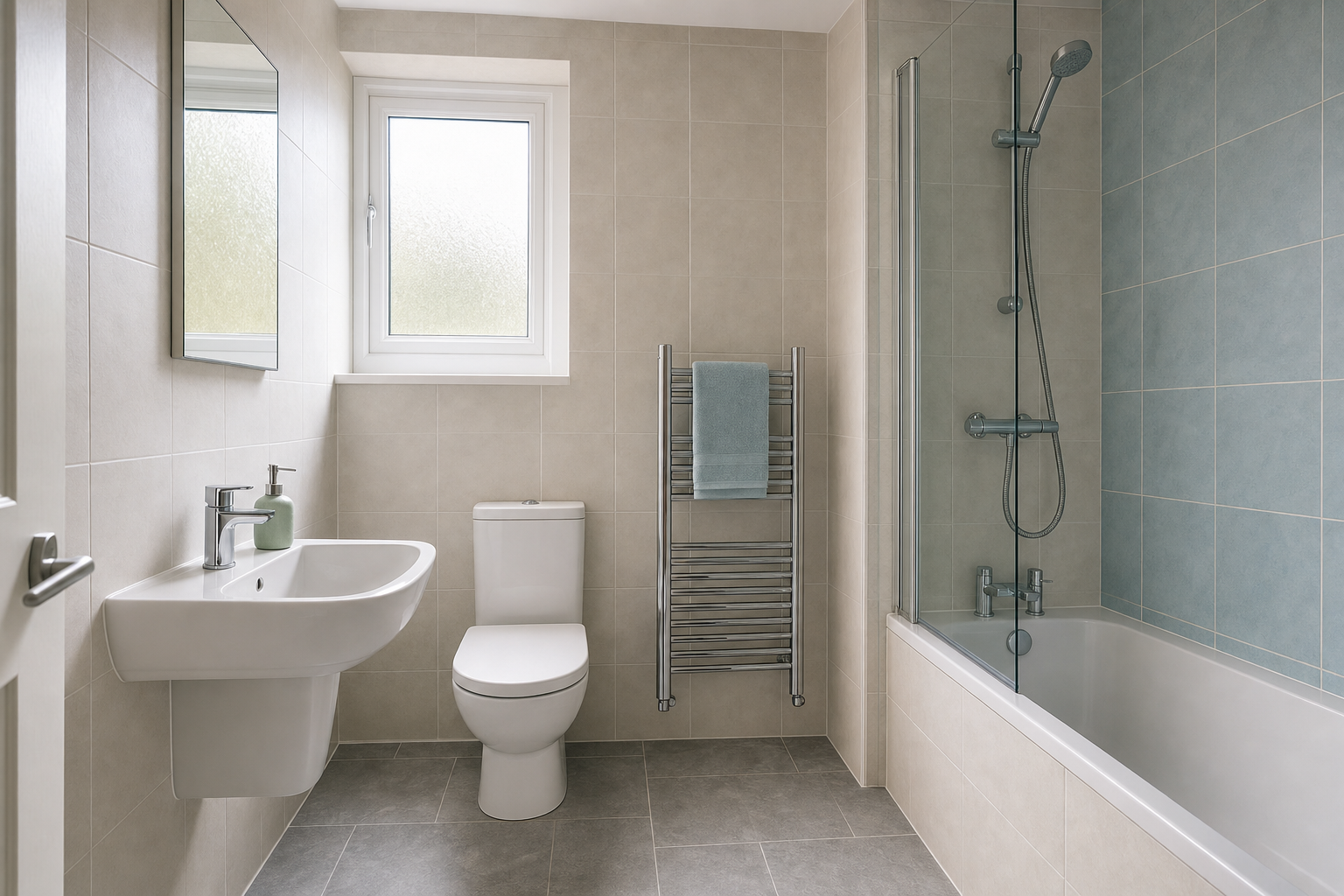 Modern bathroom with a white sink, toilet, bathtub, heated towel rail, and large window.