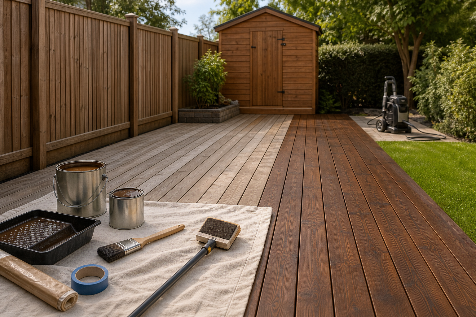 Wood deck partially stained with tools and supplies, including paint cans and brushes, laid out on a drop cloth.