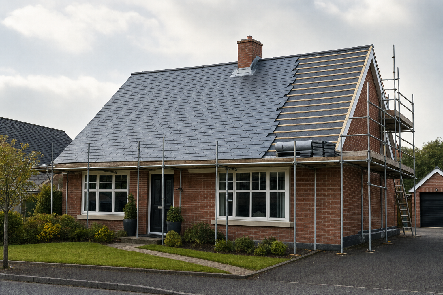 Brick bungalow with slate roof under construction, showing scaffolding and partial roofing work.
