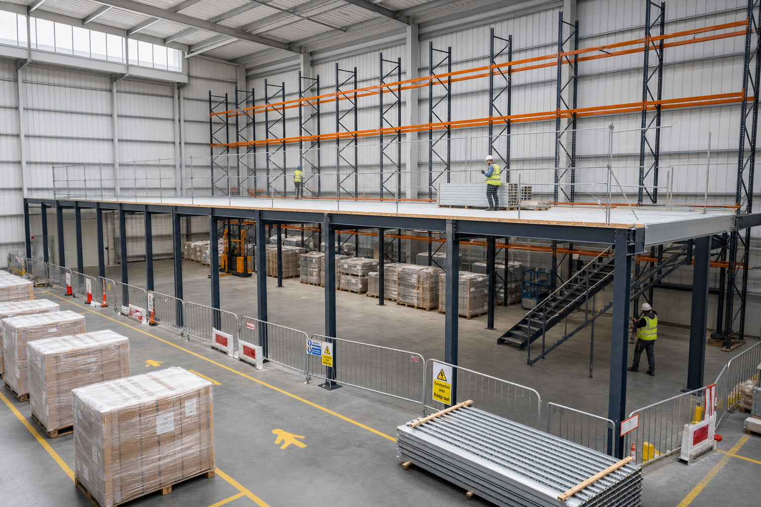 Workers in high-visibility vests construct a mezzanine in a spacious warehouse with pallets and safety barriers.