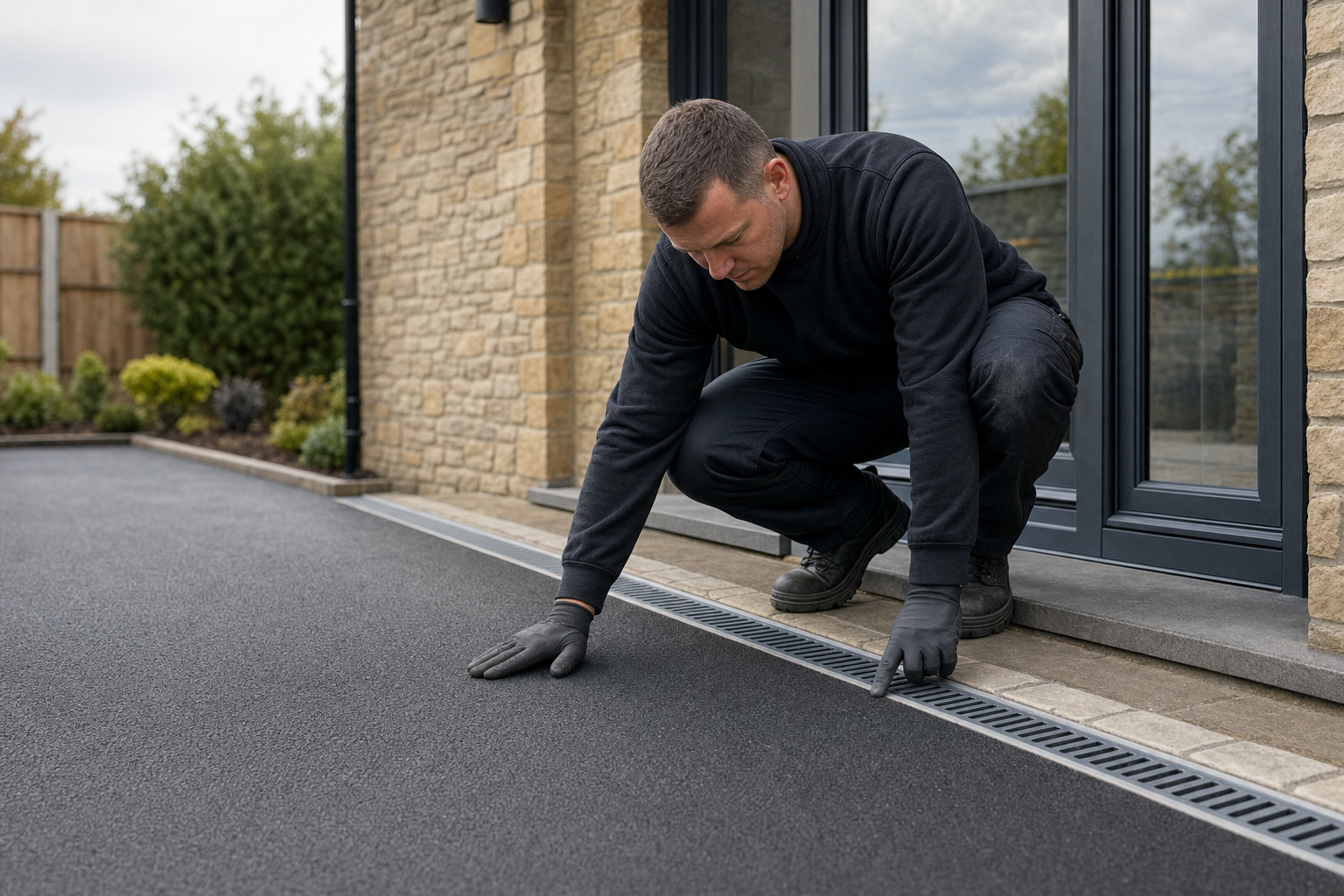 A man in work attire inspects a newly laid Tarmac® surface near a stone building.