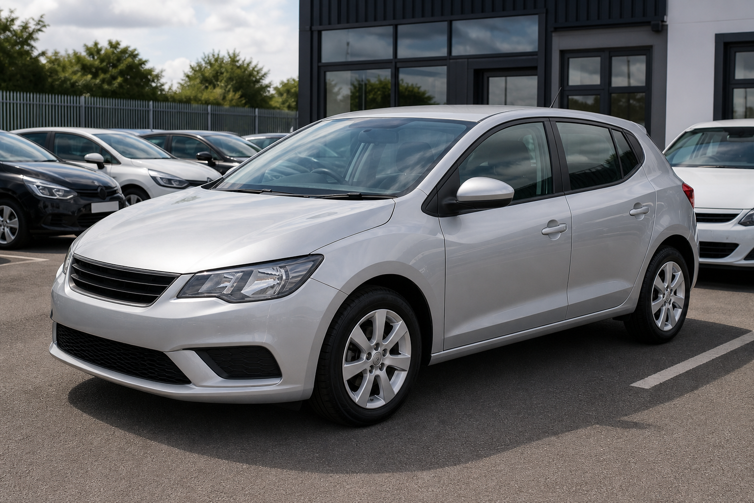 Silver hatchback car parked in a lot with other vehicles in the background.