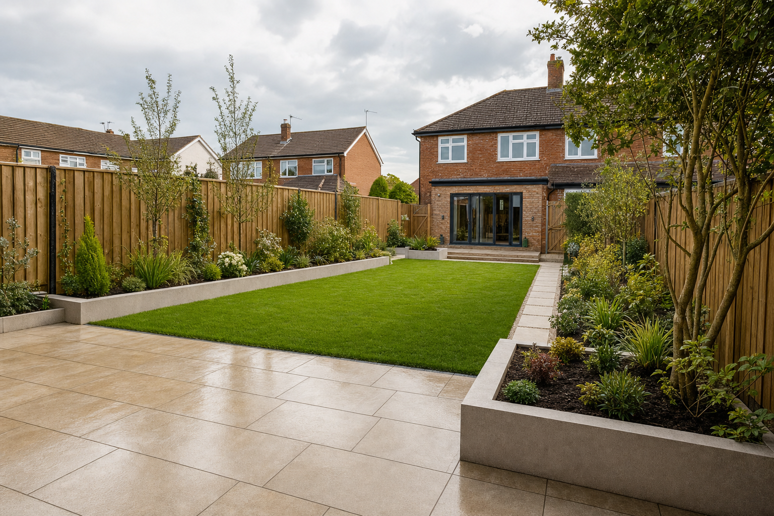 A tidy garden with a lush lawn, bordered by flower beds and a modern patio, leading to a brick house with large glass doors.
