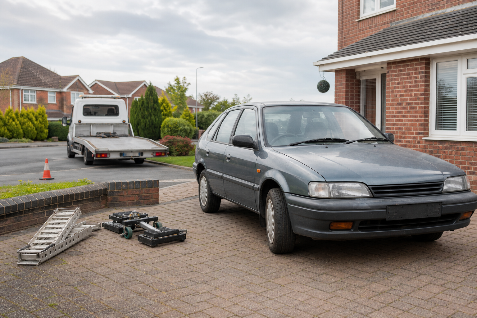 A gray car parked on a driveway with a tow truck and equipment nearby.