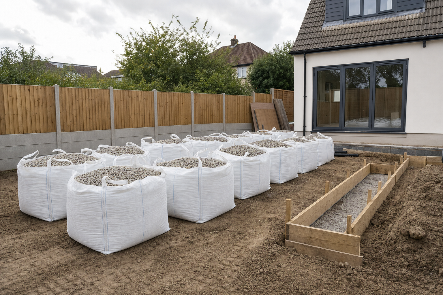 Large sacks of gravel are lined up in a backyard ready for a construction project beside a house with sliding glass doors.