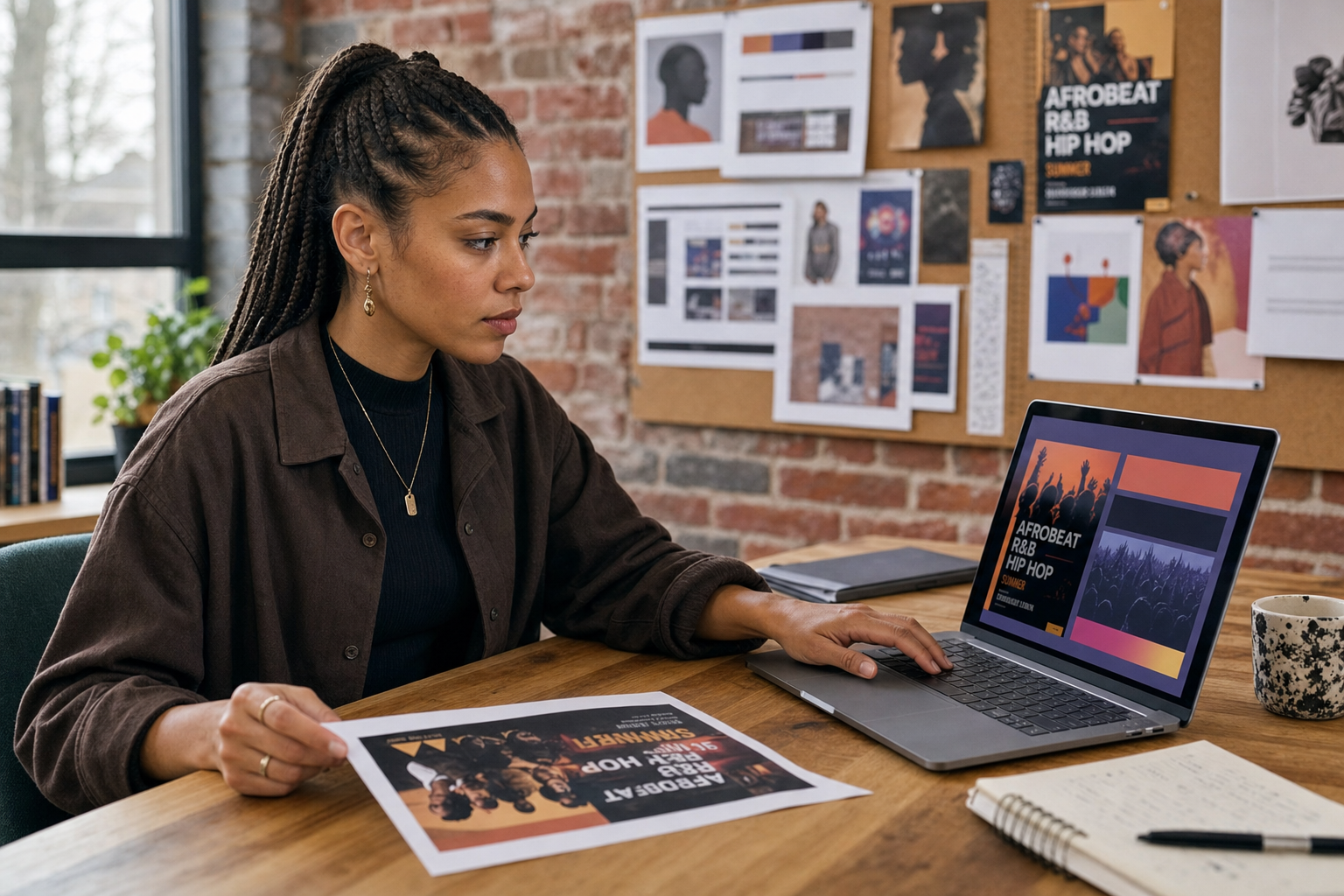A focused woman works on a laptop and holds a music event flyer in a creative office with a corkboard wall.