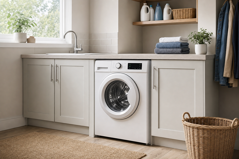 A modern laundry room with a front-loading washing machine, neatly folded towels, and potted plants.