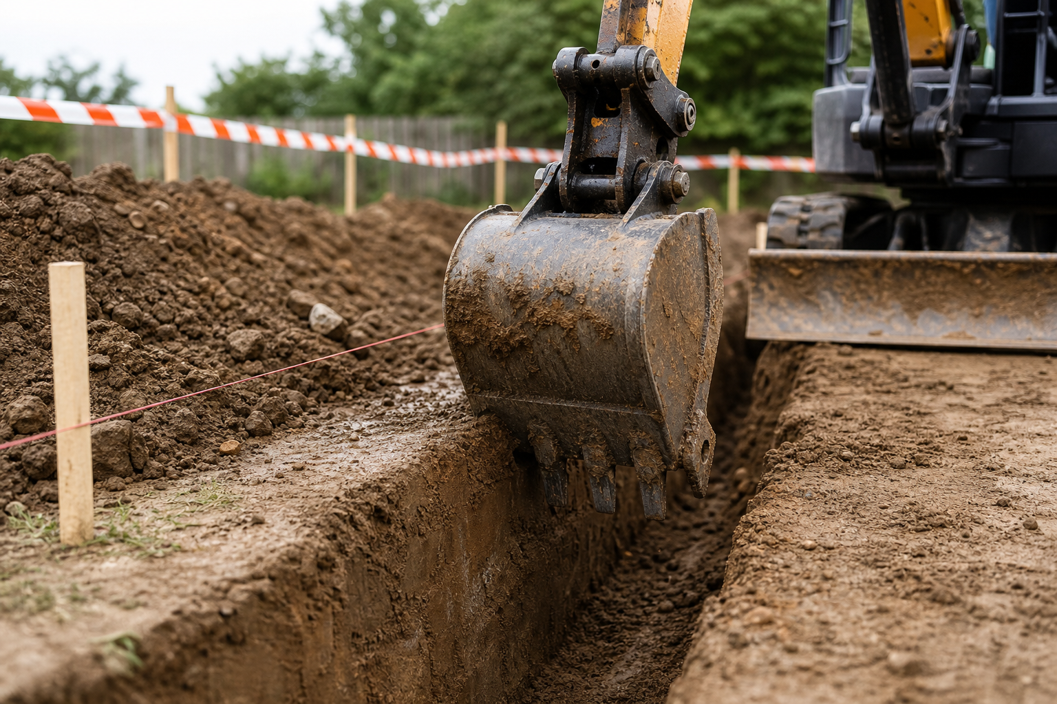Excavator digging a trench in a construction site, with marked safety barriers in the background.