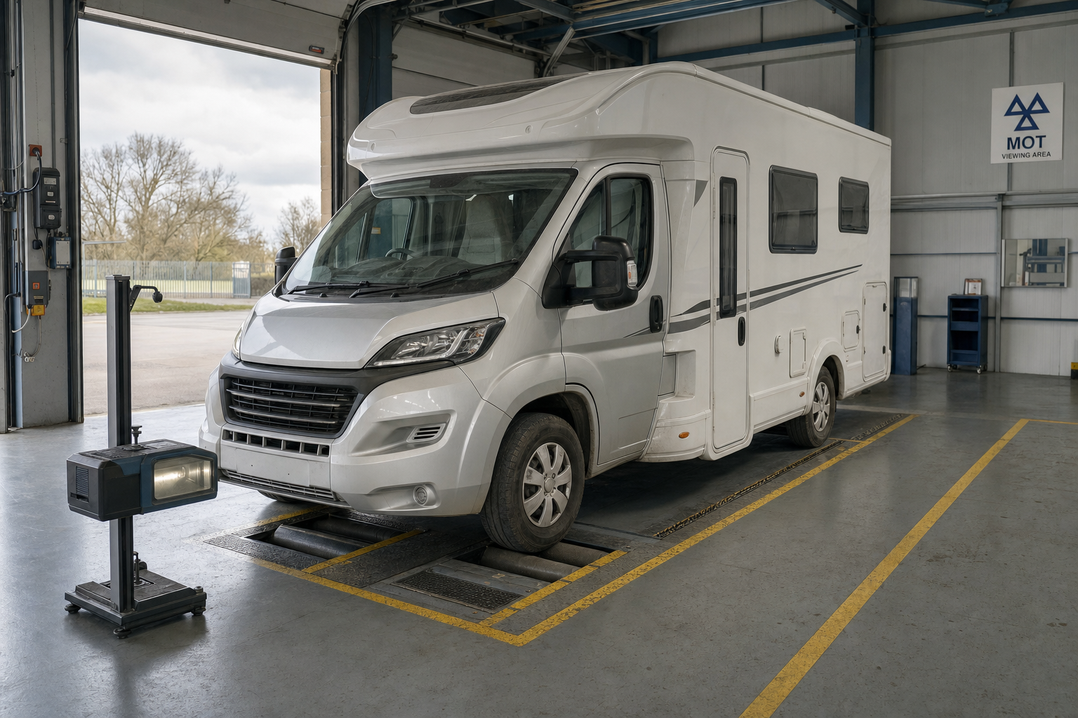 A white motorhome undergoing an MOT test in a garage with a headlamp beam tester nearby.