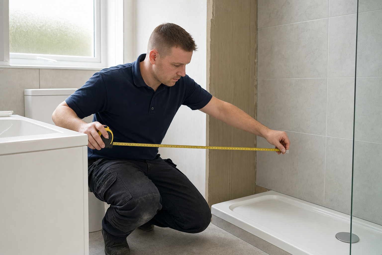 A man kneeling on the bathroom floor measures a shower base with a tape measure.