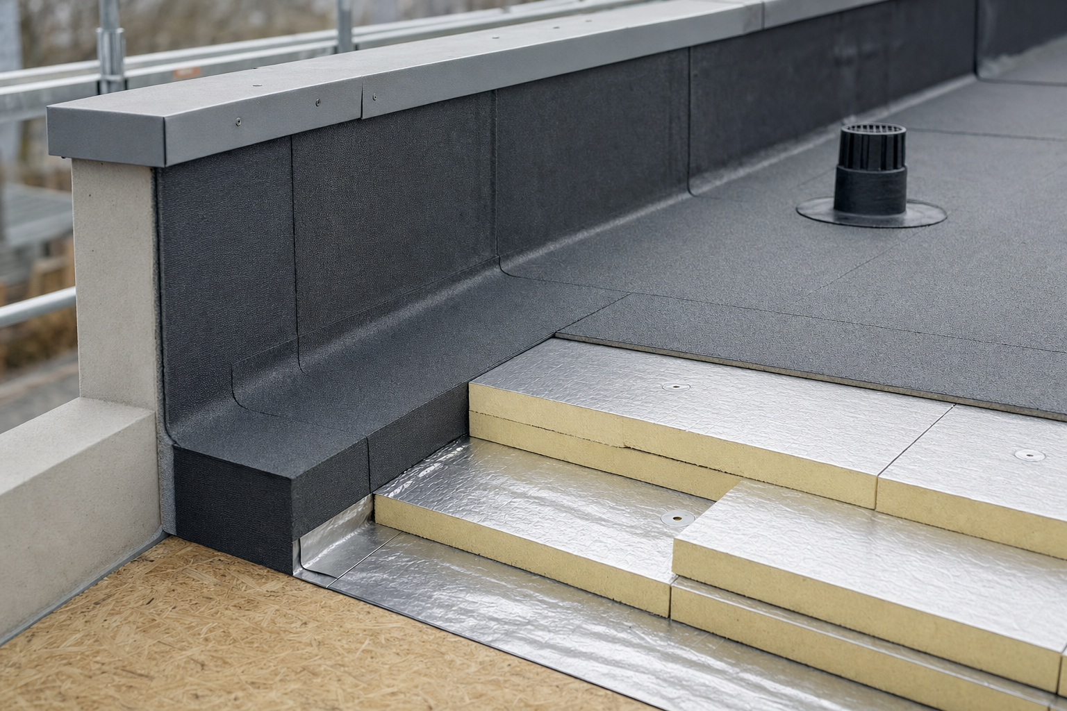 Flat roof corner with layered insulation and rubberised waterproofing surface, featuring a drainage outlet.