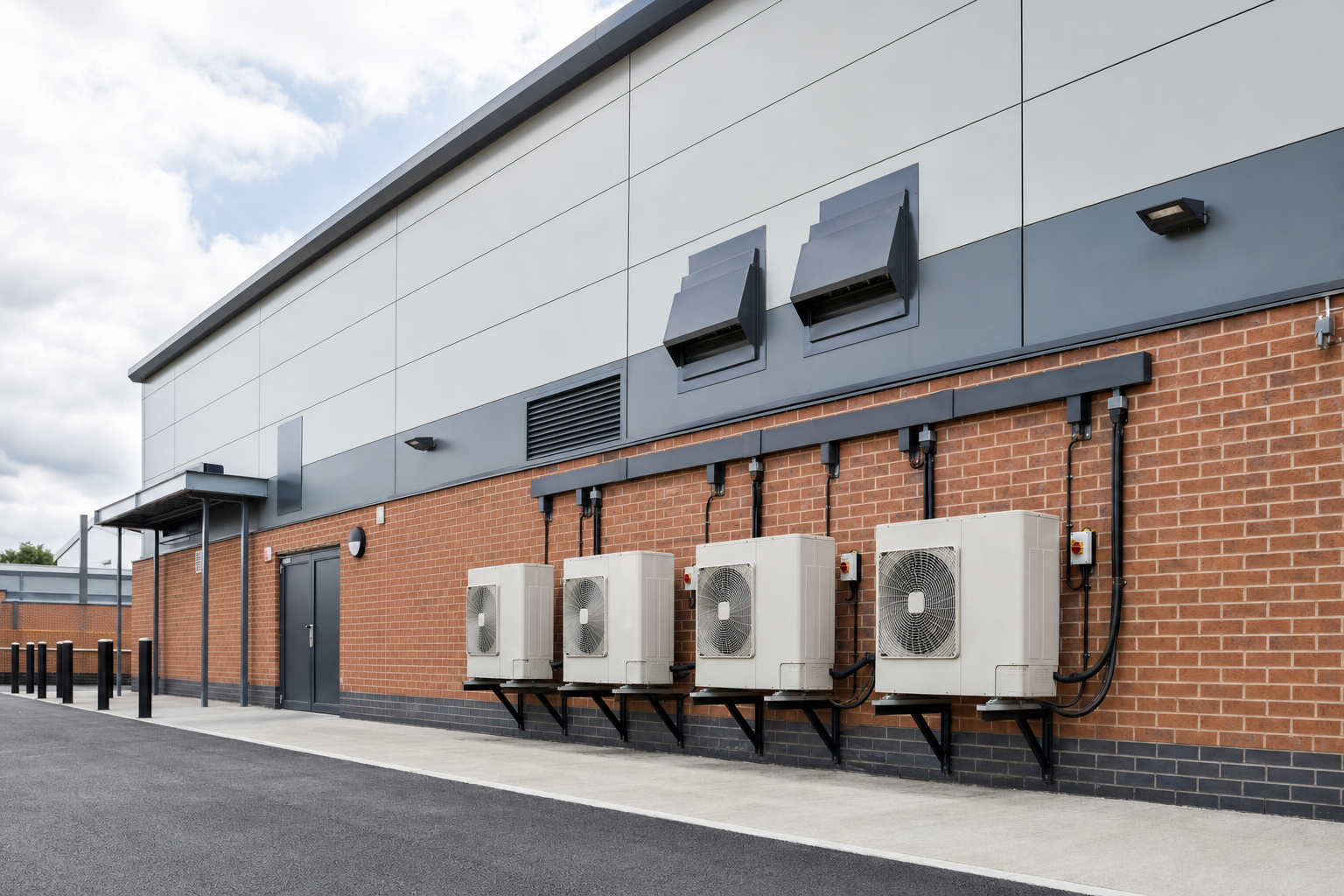 Four air conditioning units mounted on a brick building exterior under a cloudy sky.