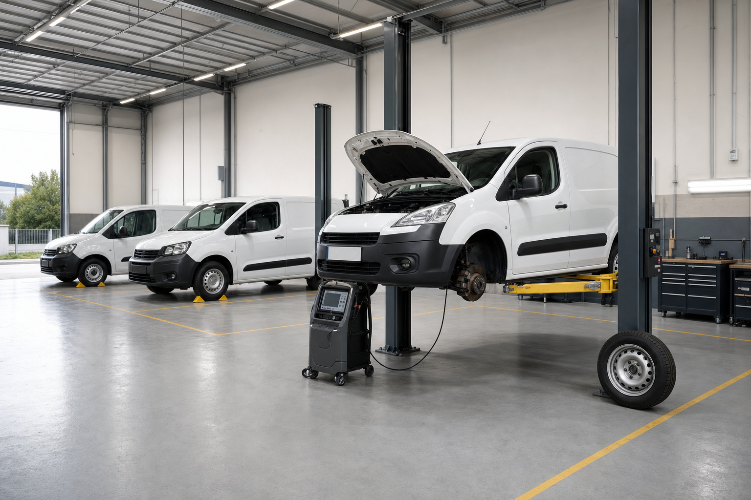 White van on a lift undergoing maintenance in a spacious garage with two other vans parked nearby.