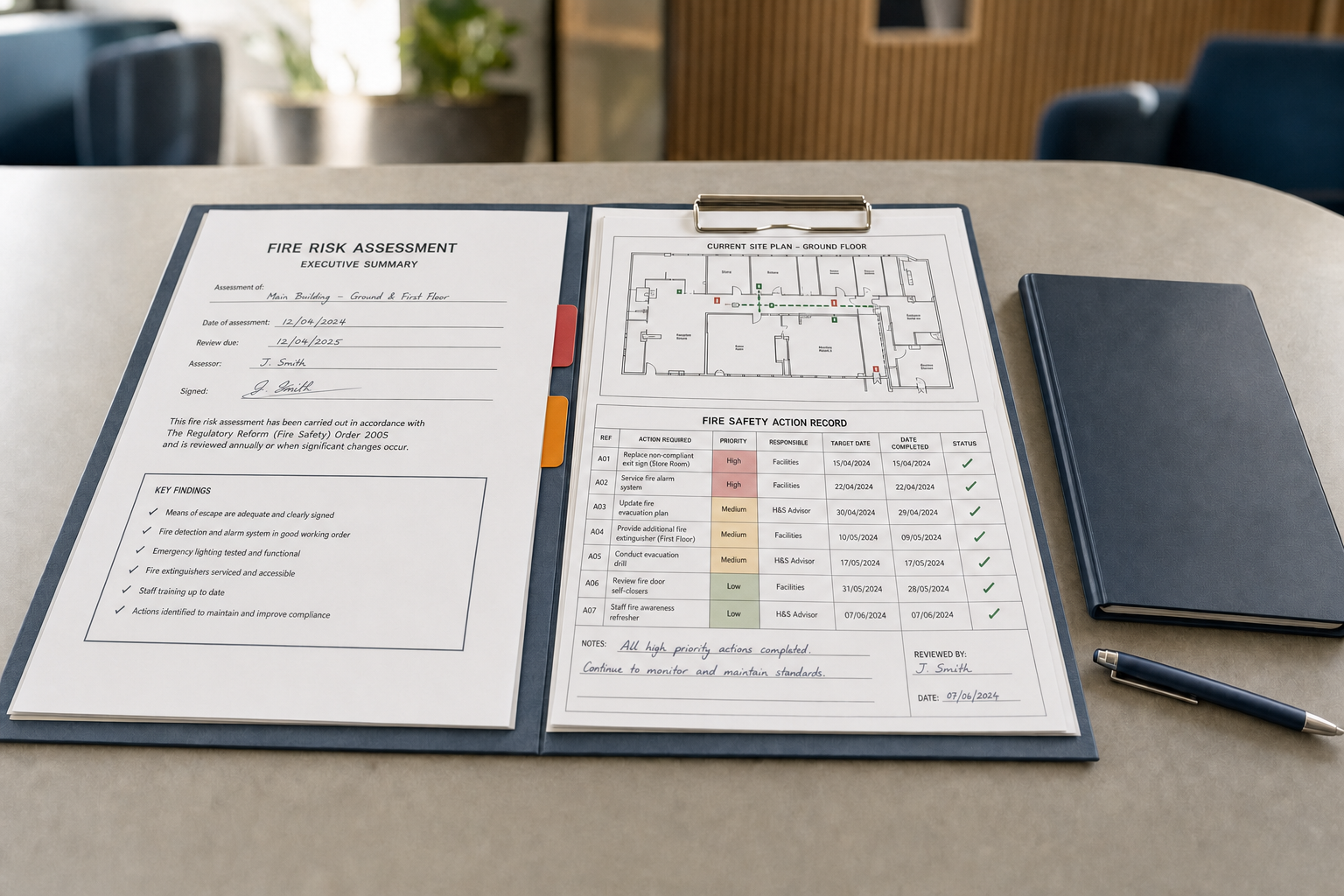 Fire risk assessment documents and site plan on a desk, alongside a closed notebook and a pen.