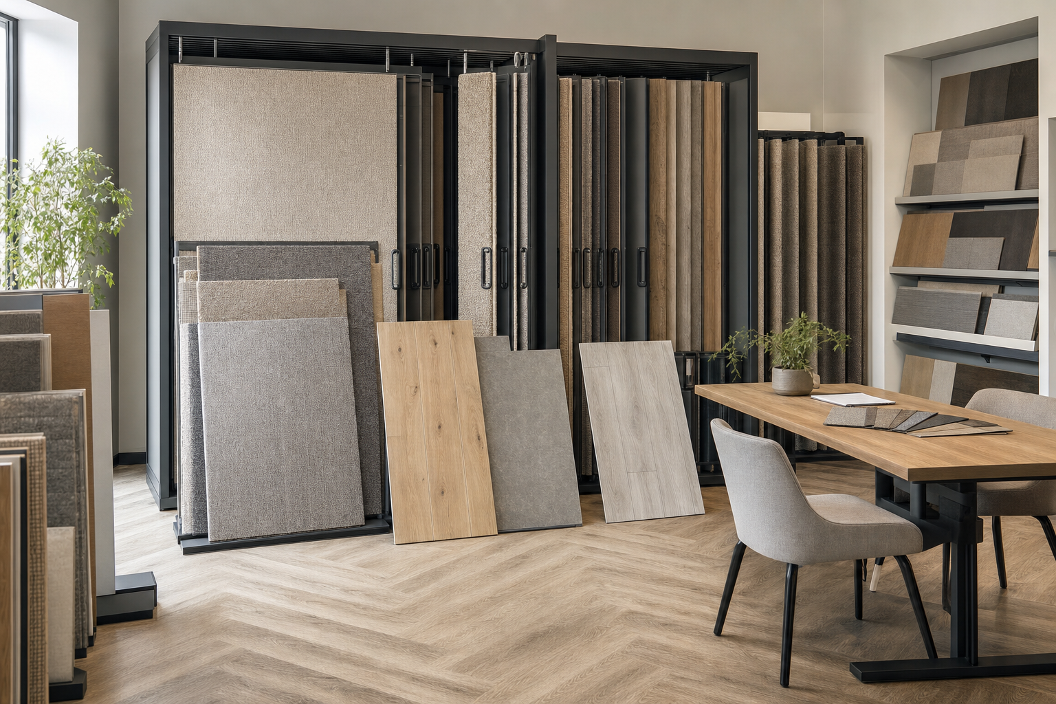 A showroom displaying various flooring samples with a table and chair setup for consultations.