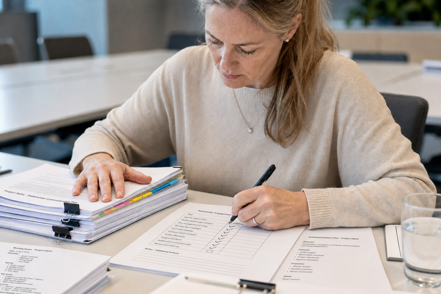 A woman reviews and checks off items on a checklist at a conference table with documents.