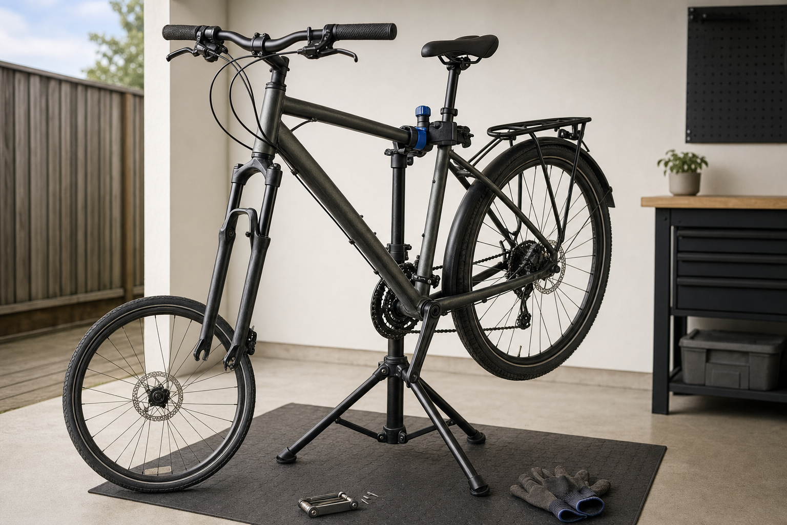 A black bicycle on a repair stand in a garage, with tools and gloves on the floor nearby.