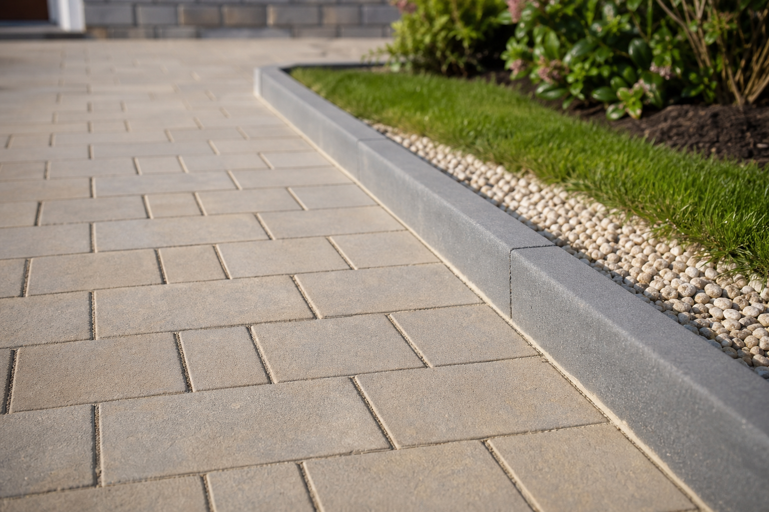 A neatly paved patio features a border with grass and decorative pebbles.
