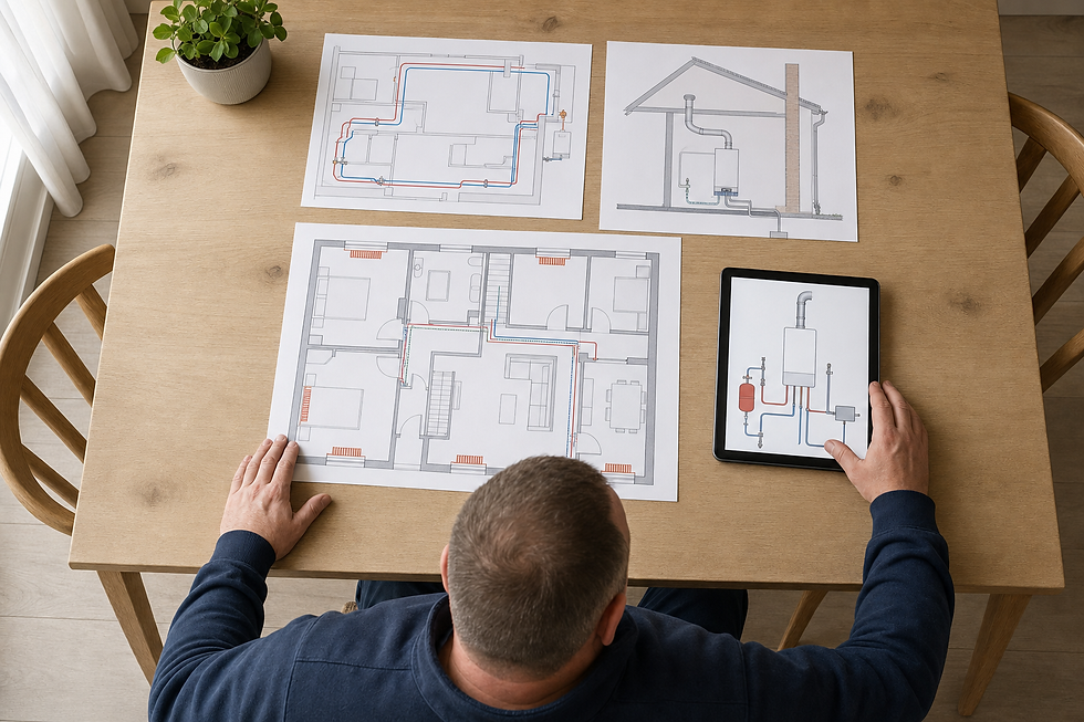 Man examining house heating system plans and diagrams on a wooden table.