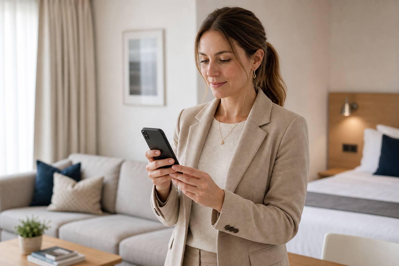 Woman in a beige suit using a smartphone while standing in a modern hotel room with a neatly made bed.