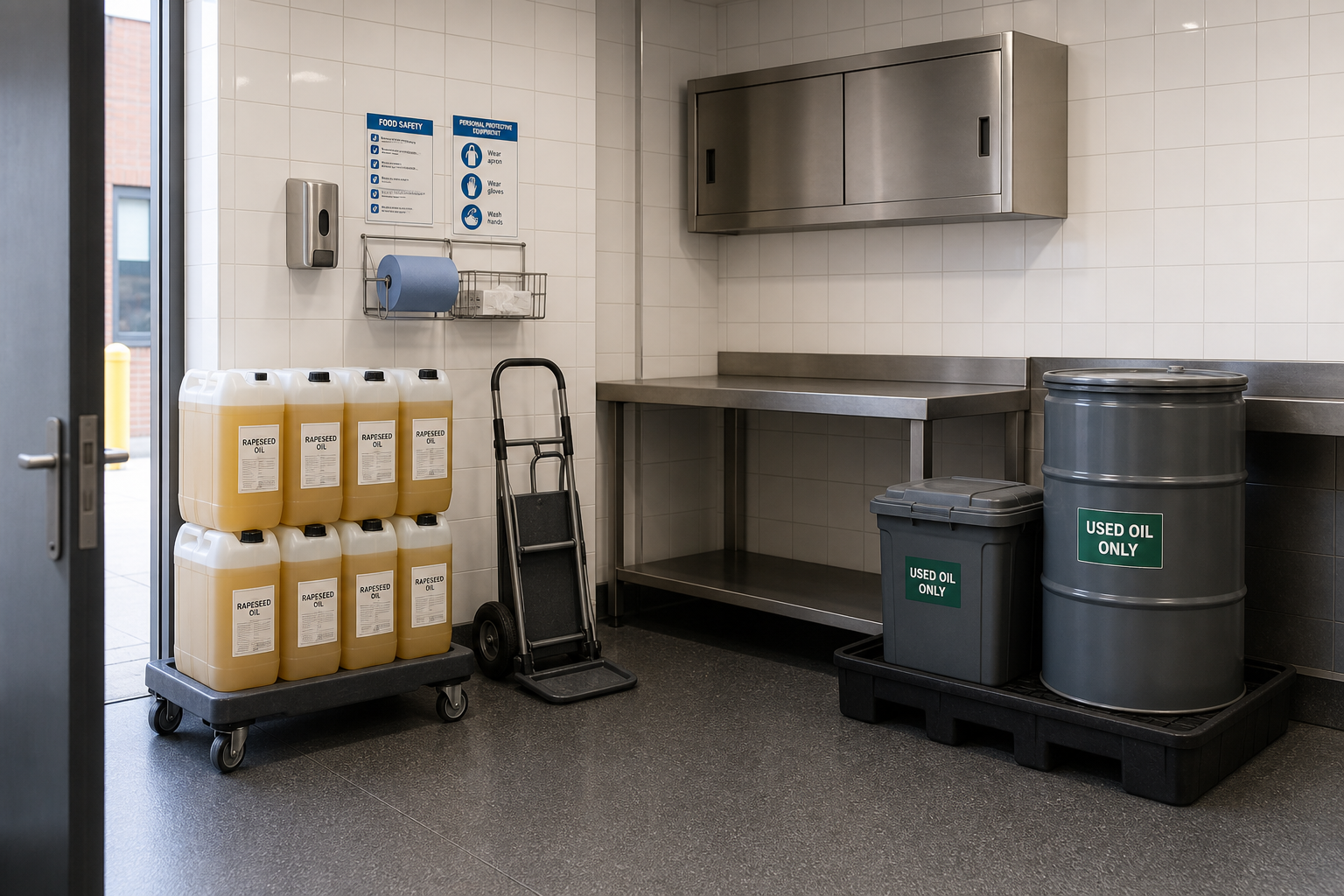 Commercial kitchen storage area with canisters of rapeseed oil and used oil containers.