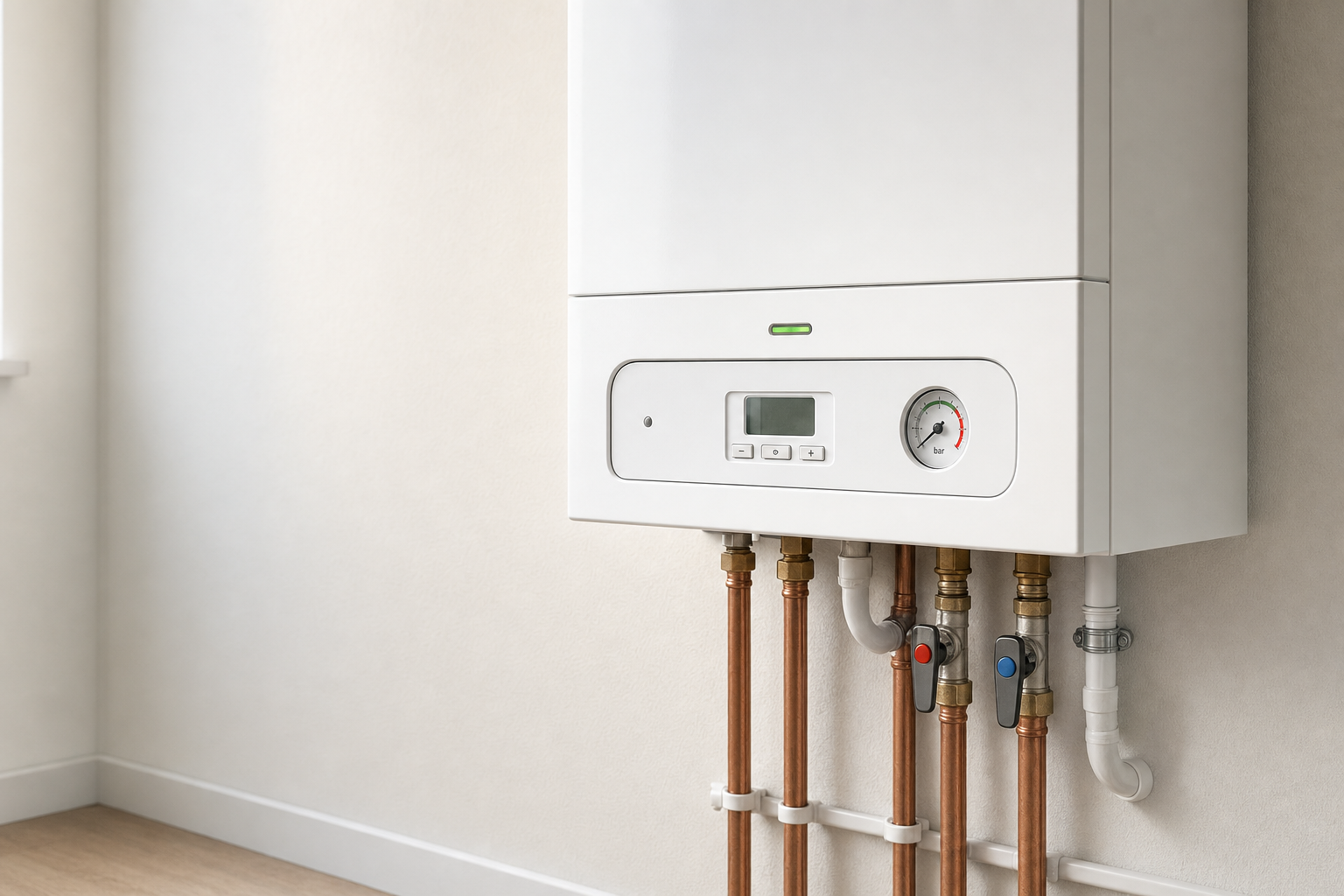 A modern white gas boiler mounted on a wall with copper piping visible beneath it.