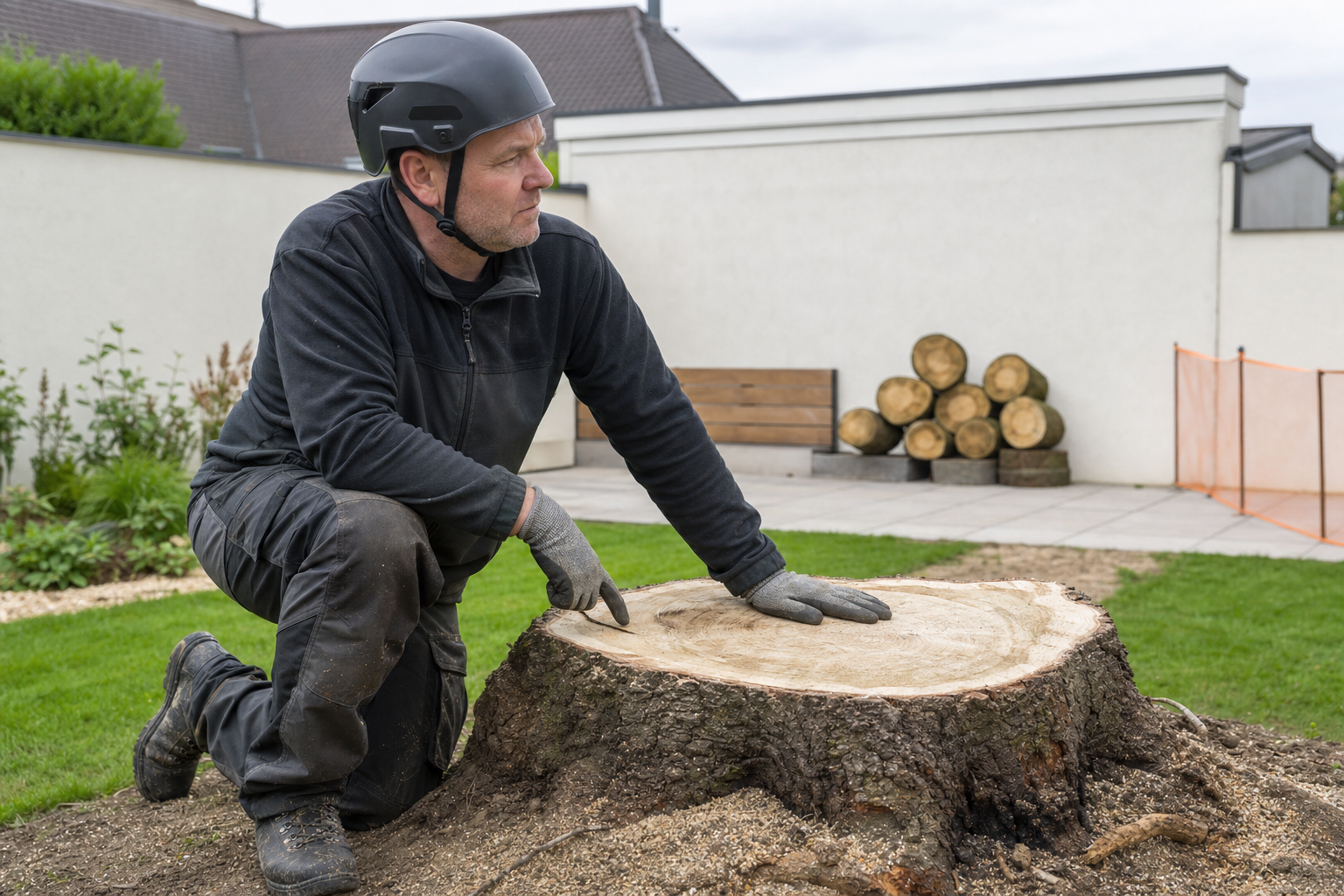 Man wearing a helmet and gloves examines a large tree stump in a garden setting.