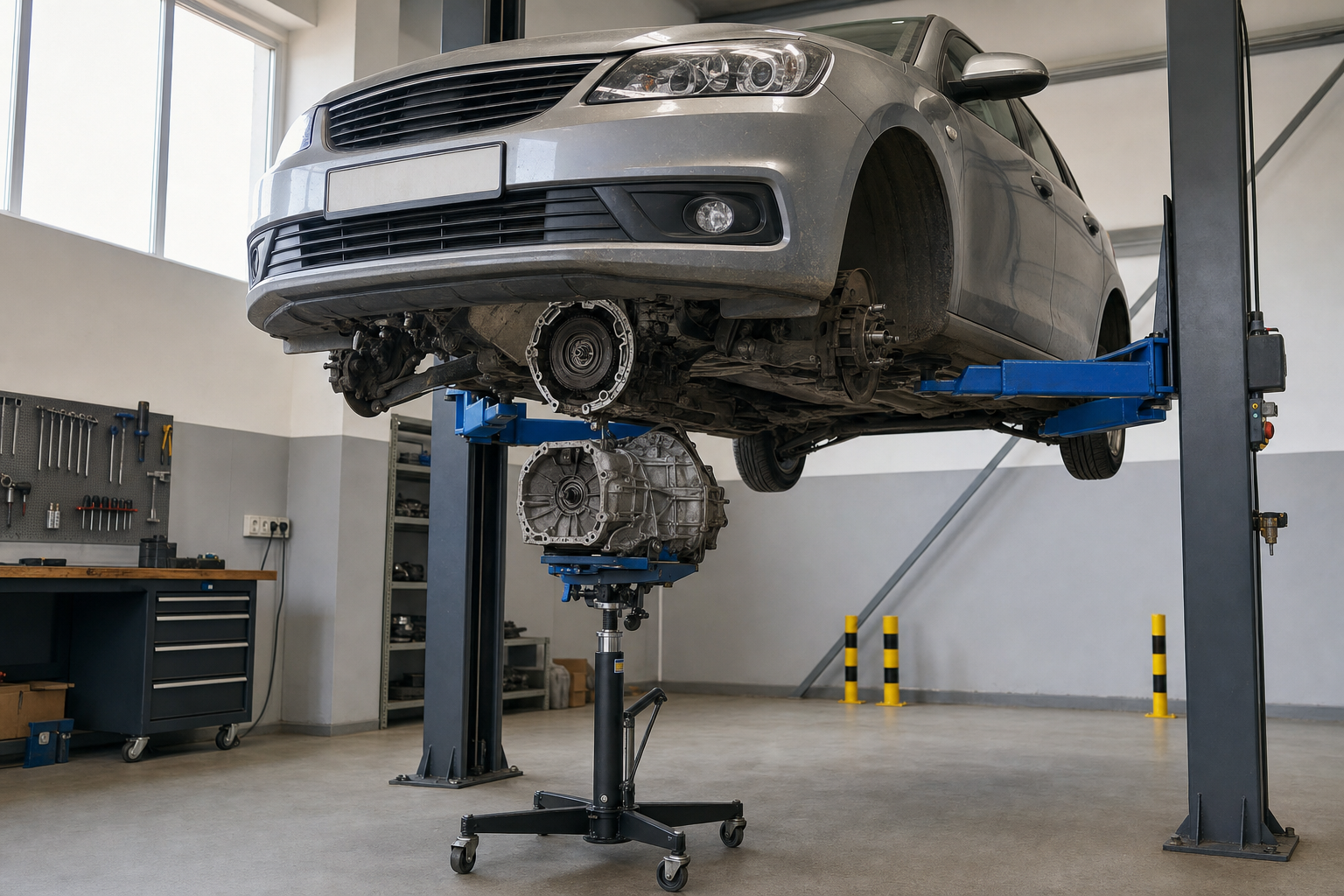 A car on a lift in a garage with its transmission being removed or repaired.