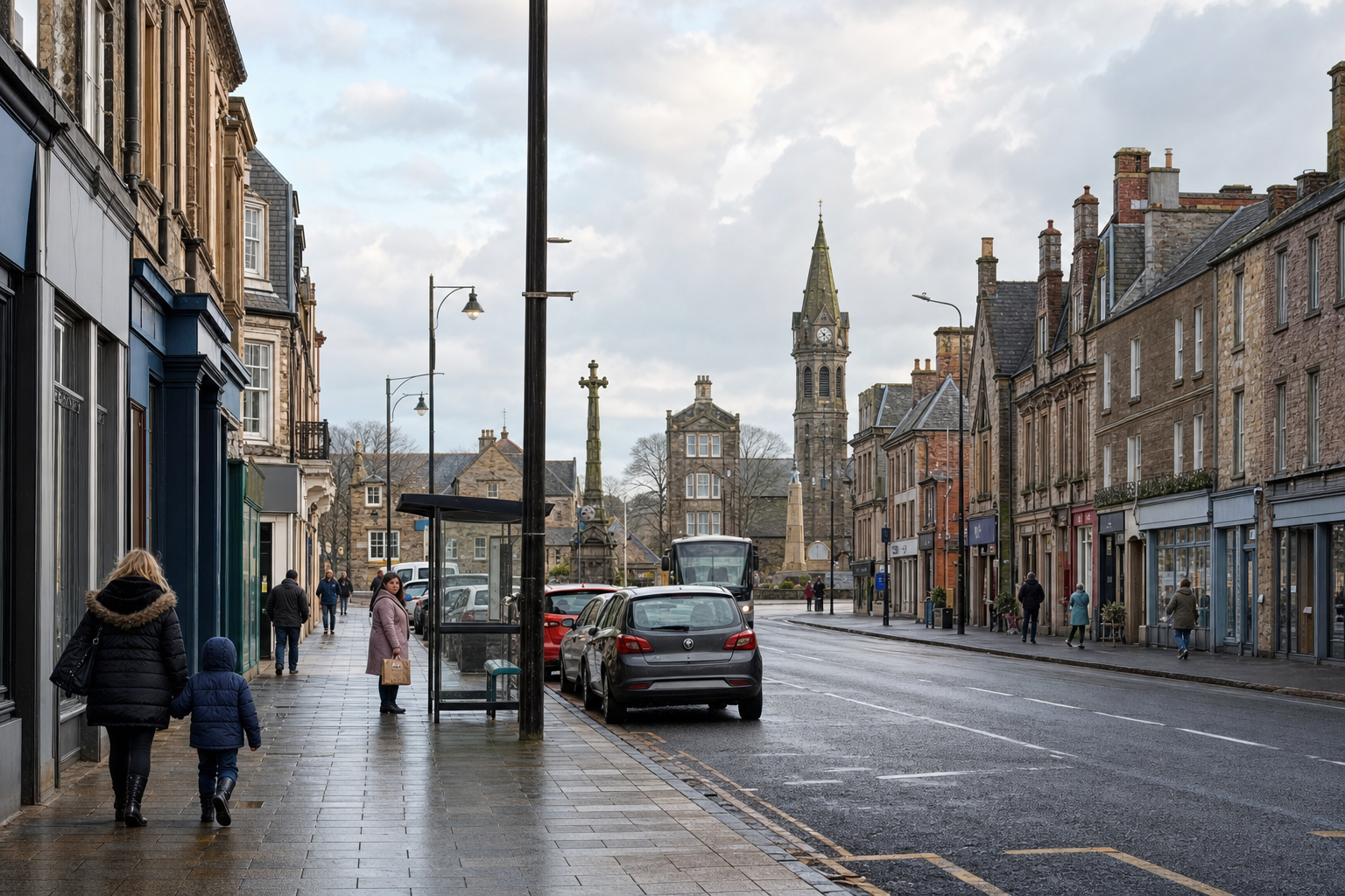 A rainy day in a bustling town with people walking and a church spire in the background.