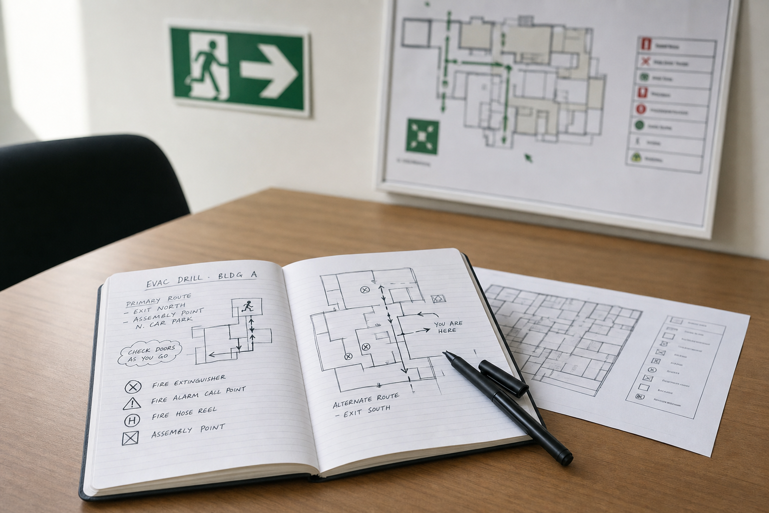 An open notebook with evacuation plans sits on a desk near a fire escape map and directional sign.
