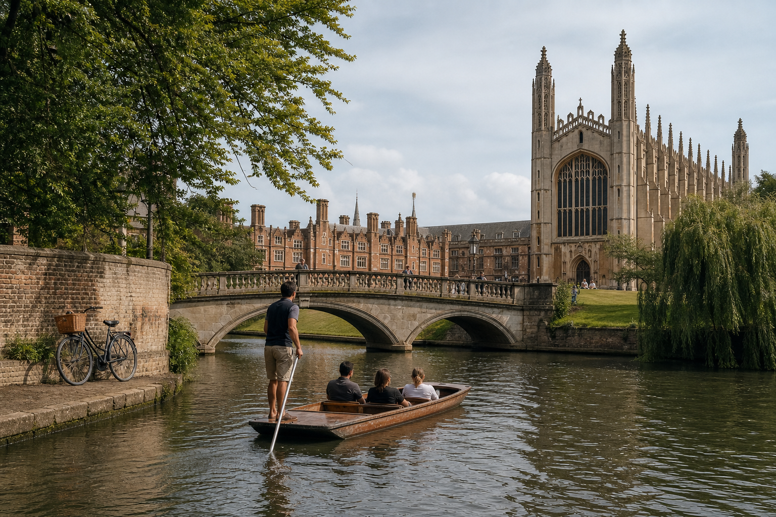 A person punting a boat with passengers on the River Cam, passing under a stone bridge near King's College, Cambridge.