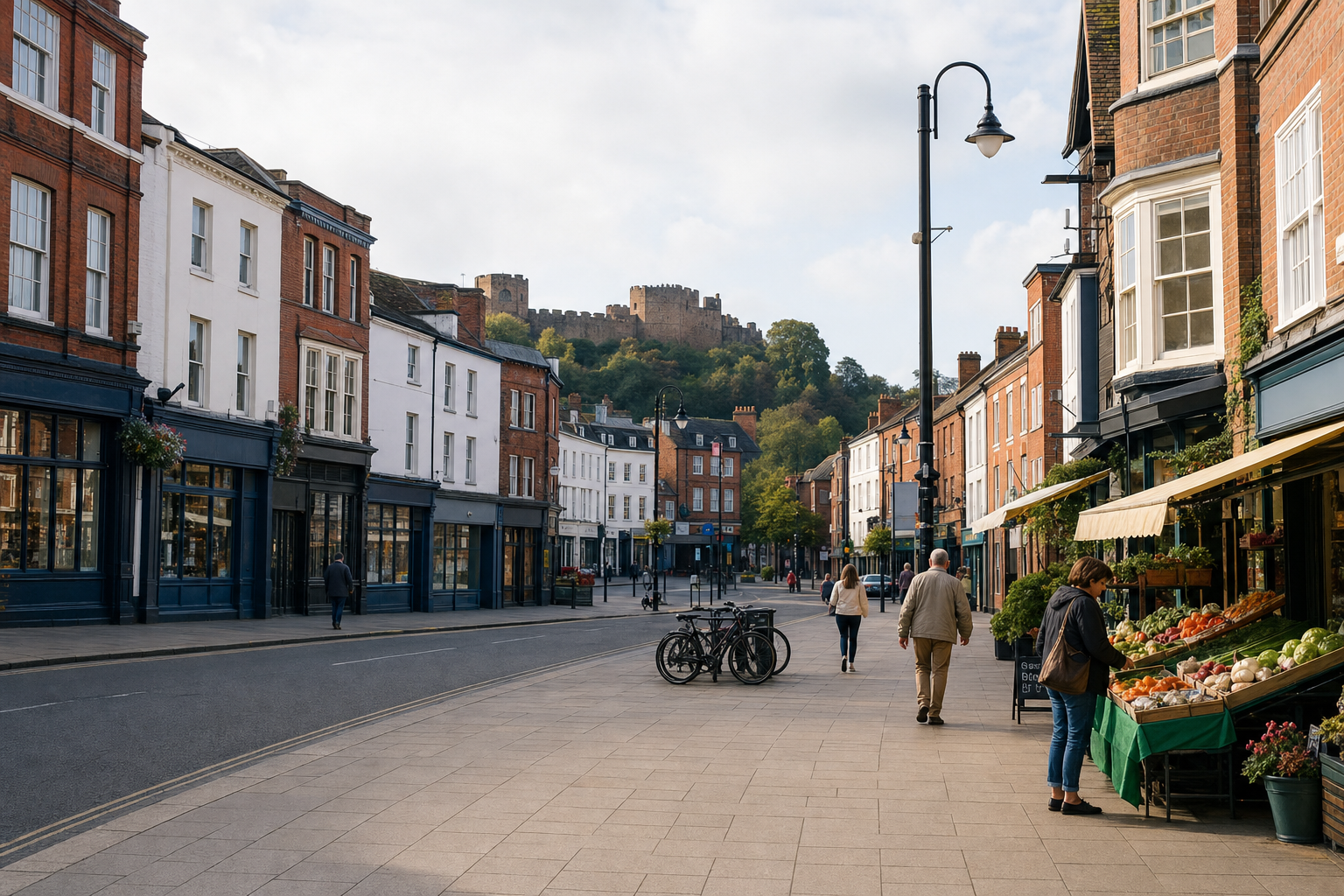 A quiet street with shops and people in a historic town, with a castle on a hill in the background.