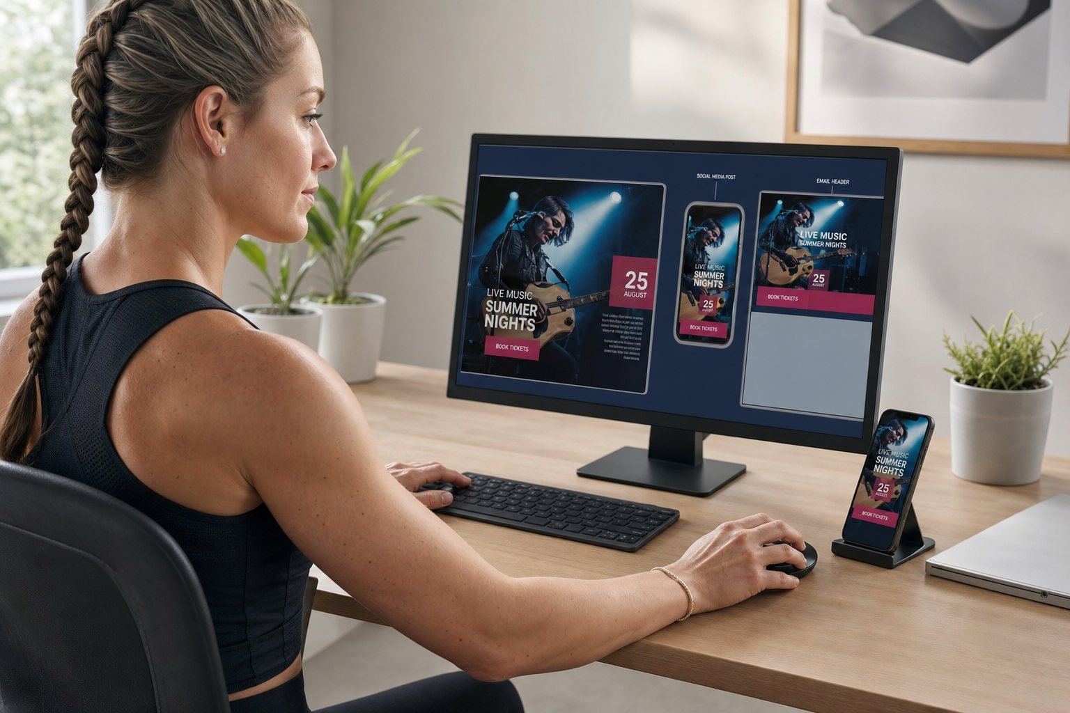 Woman designing a live music event webpage at a desk with a computer and smartphone.