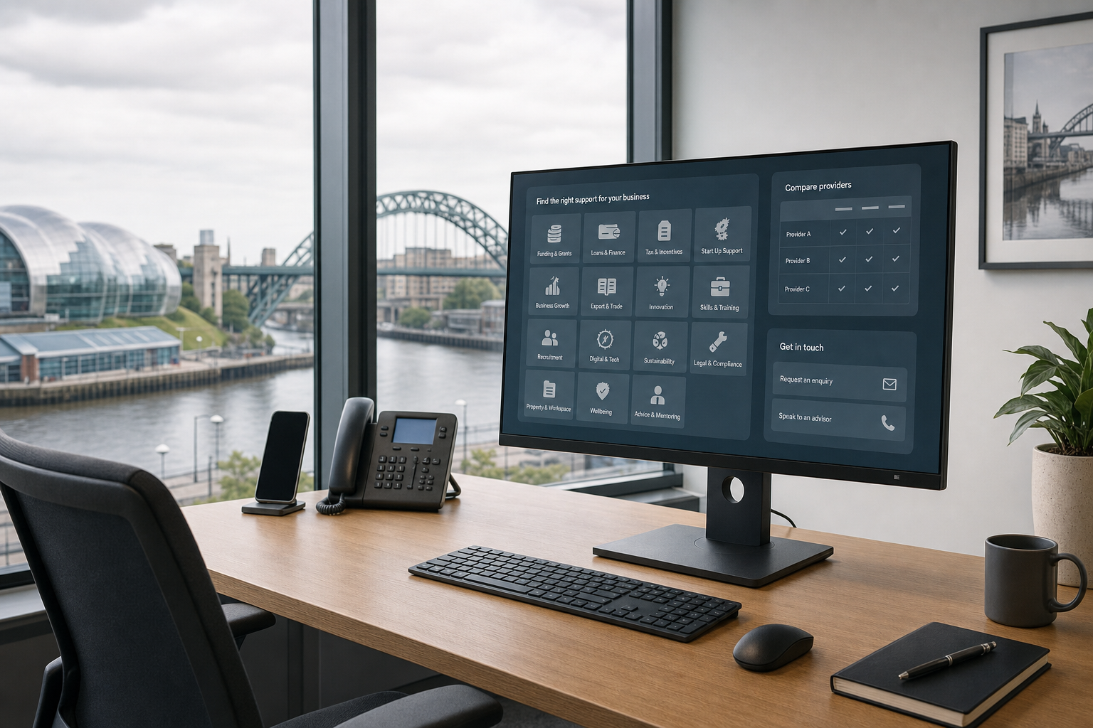 Modern office desk with a computer and cityscape view through large windows, featuring a bridge and riverside buildings.