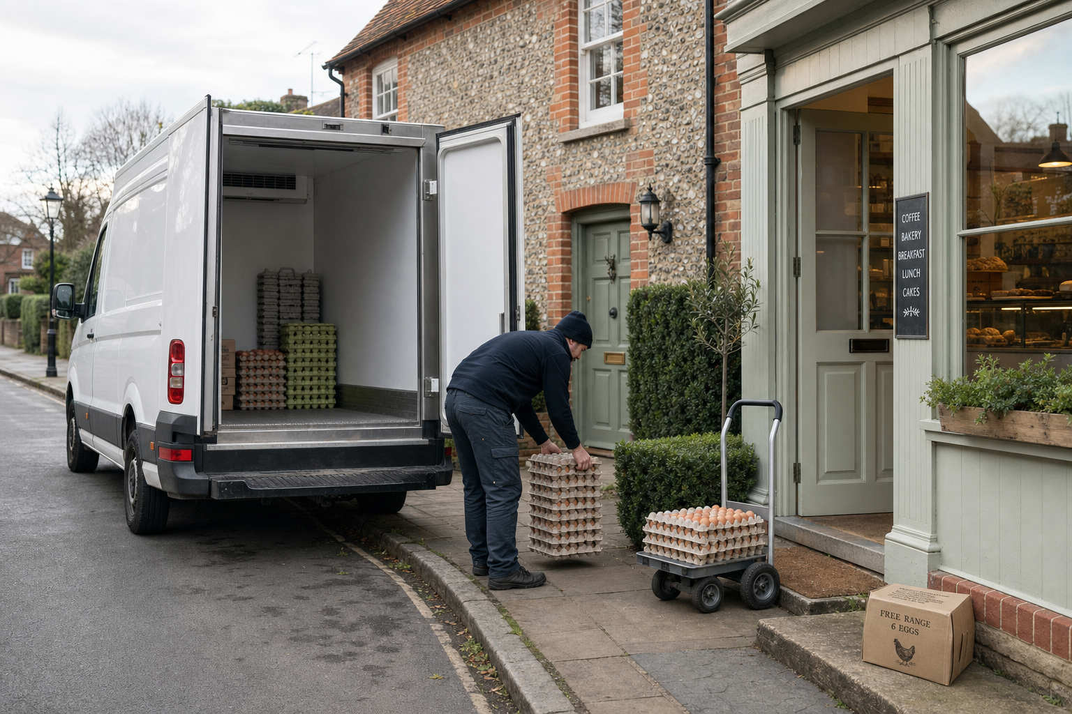 Delivery person unloading trays of eggs from a van to a bakery with a trolley outside.