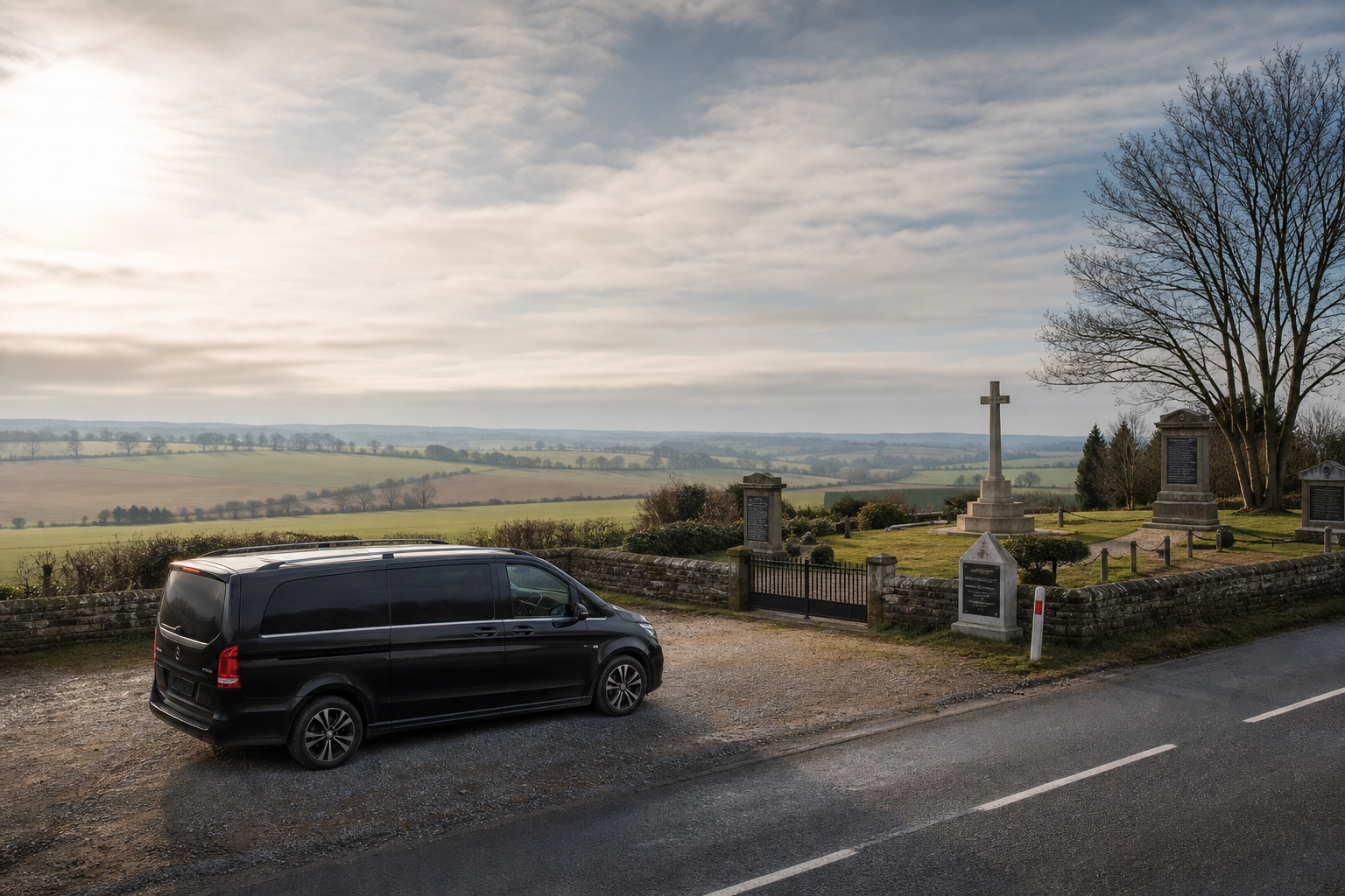 Black van parked near a countryside memorial with sprawling green fields in the background under a cloudy sky.