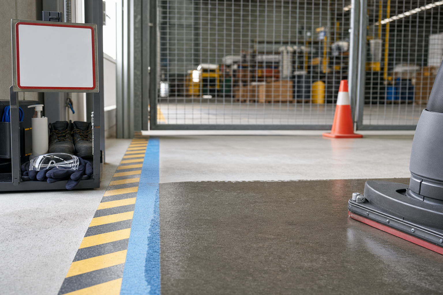 Industrial floor cleaner in action near safety station with boots, gloves, and goggles in a warehouse.