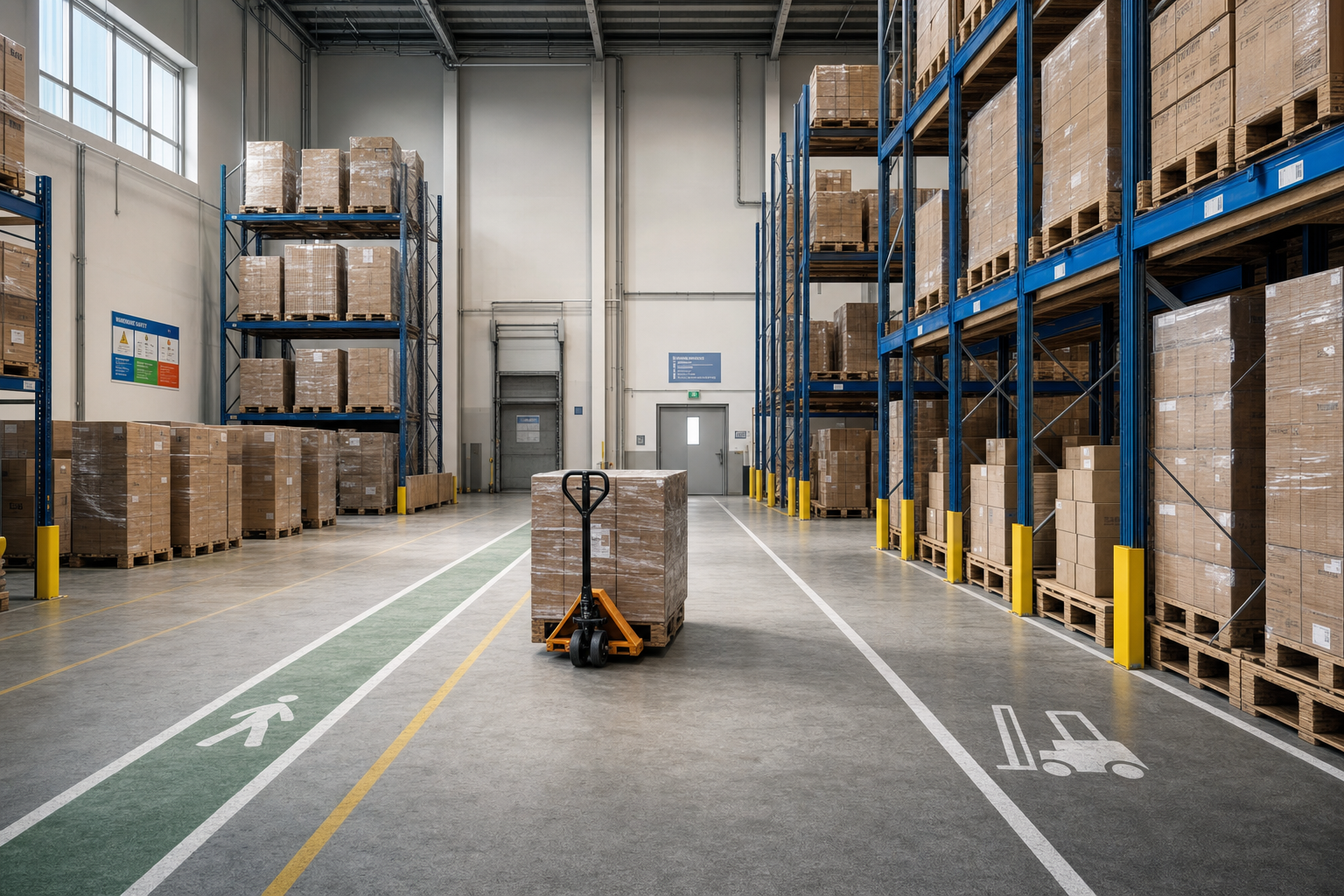 Warehouse interior with tall blue shelves, stacked boxes, and a pallet jack on a marked walkway.