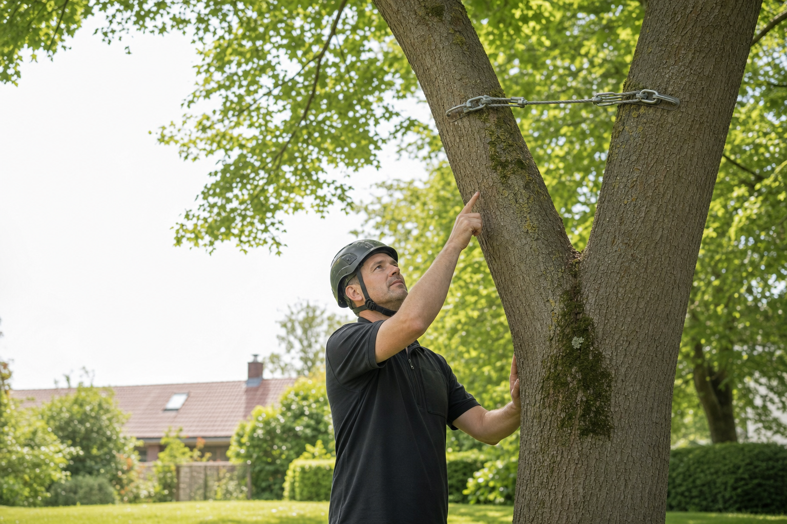 Man in helmet examining a cable brace on a tree branch in a garden.