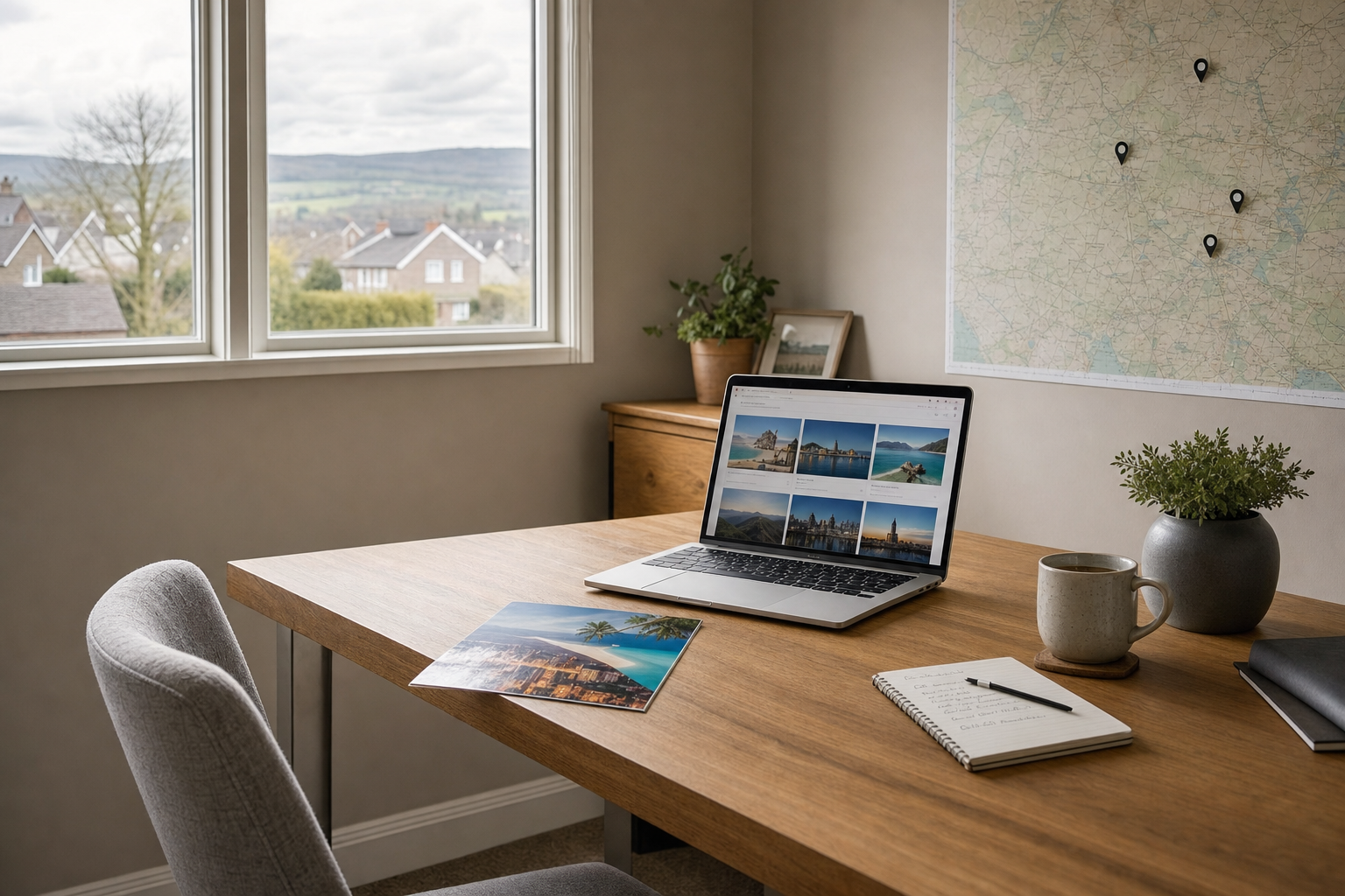 A wooden desk with a laptop, notebook, coffee mug, and plant overlooks a scenic view through a large window.