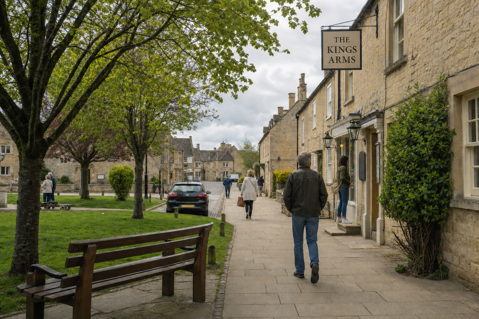 A charming village street with stone buildings, pedestrians, and a sign for The Kings Arms pub.