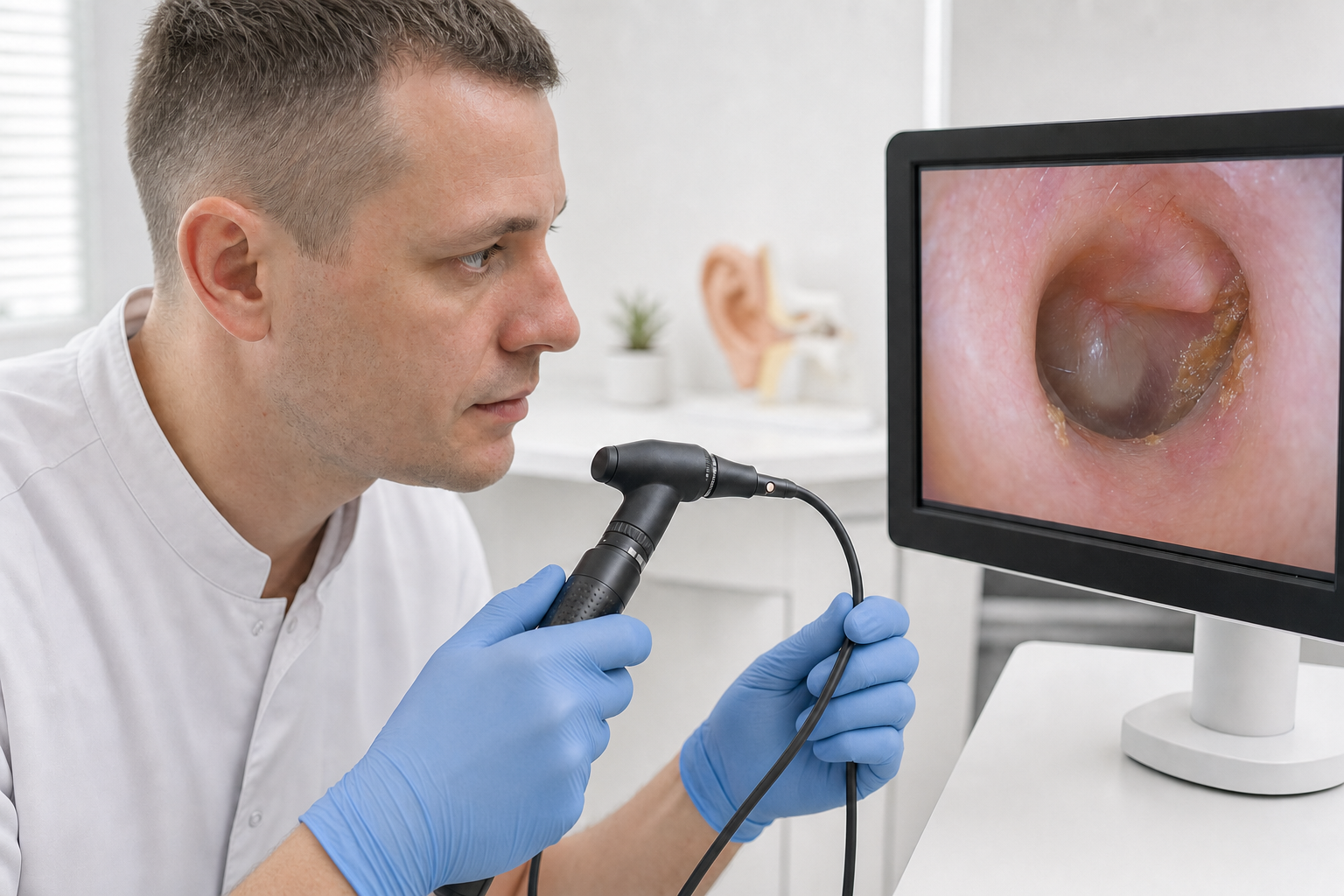 A doctor examines an ear canal on a monitor using an otoscope in a medical office.