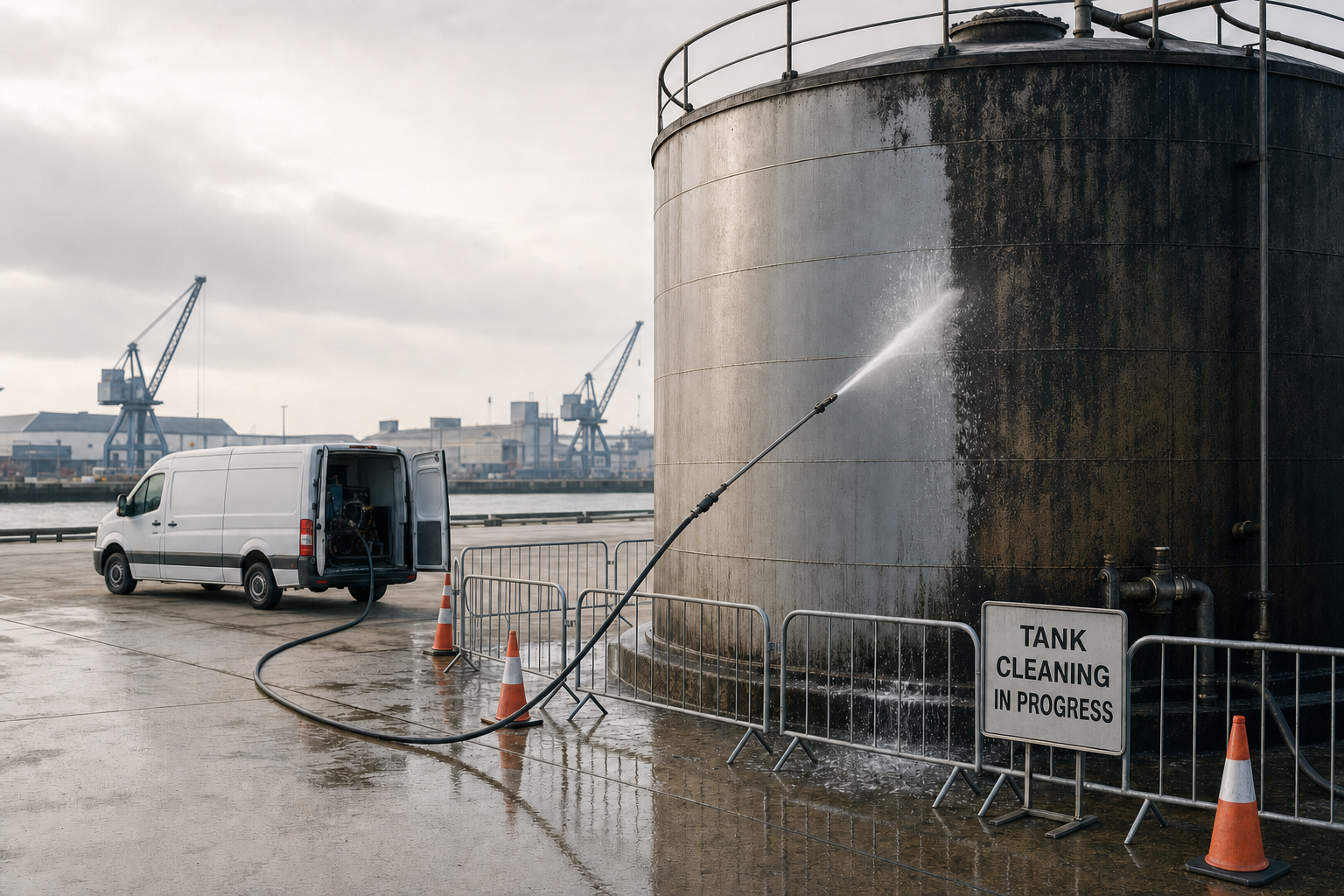 A high-pressure hose cleans an industrial tank beside a white van at a port, with a sign reading "Tank Cleaning in Progress."