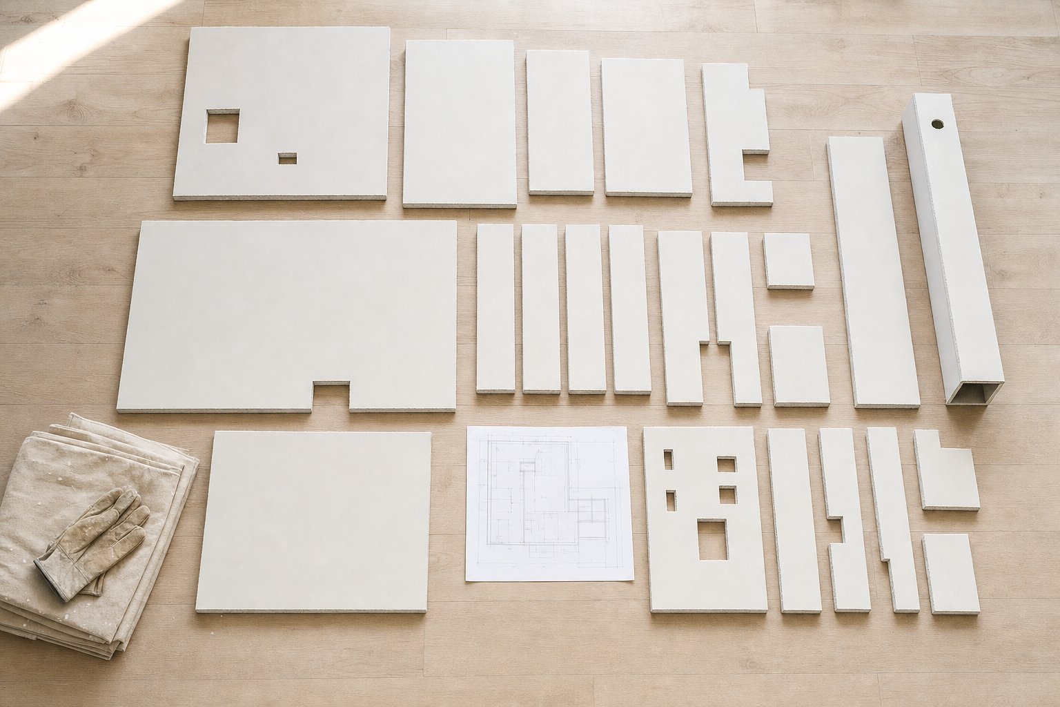 Construction materials and a blueprint arranged on a wooden floor next to a pair of work gloves.